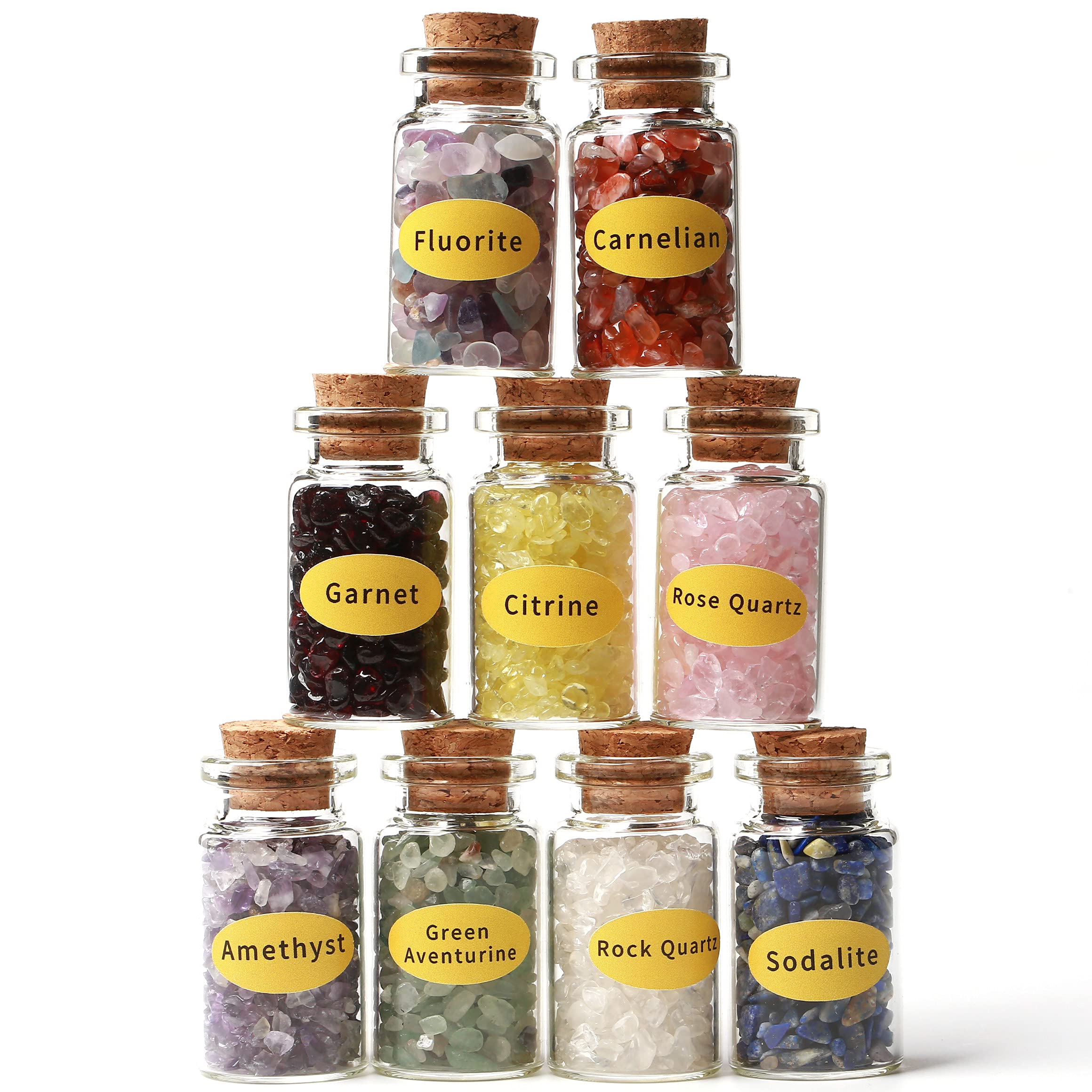 QIQIXIN A Set of 9 Different Crystal Gemstone Chips in Glass Bottles - Chakra Healing Tumbled Gem Reiki Wiccan Stones Set