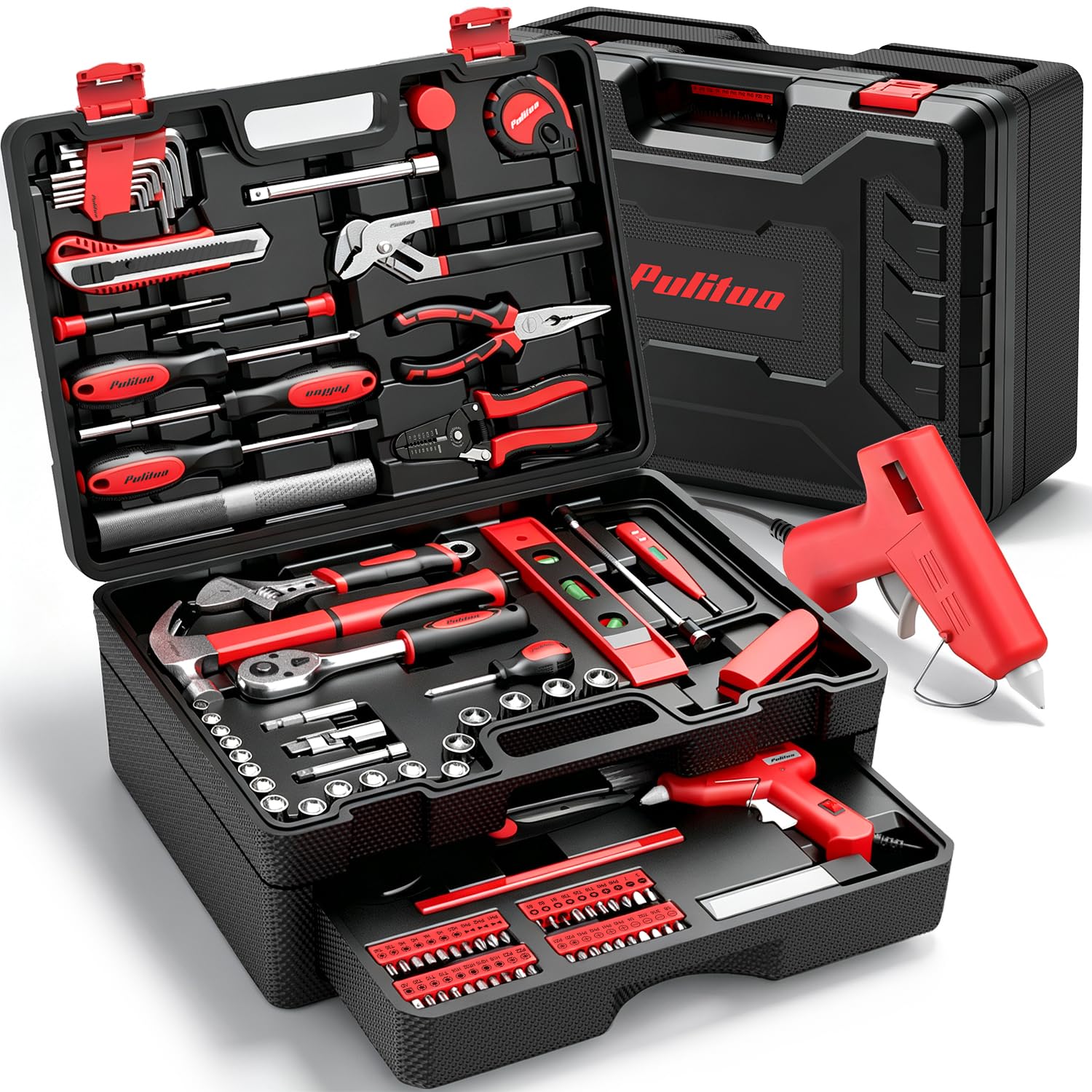 PULITUO 378-Piece Home Repair Tool Kit, Drawer Portable Tool Box, Hand Tool Set for Home Improvement, DIY, Household & Auto Maintenance(Red) - image 1