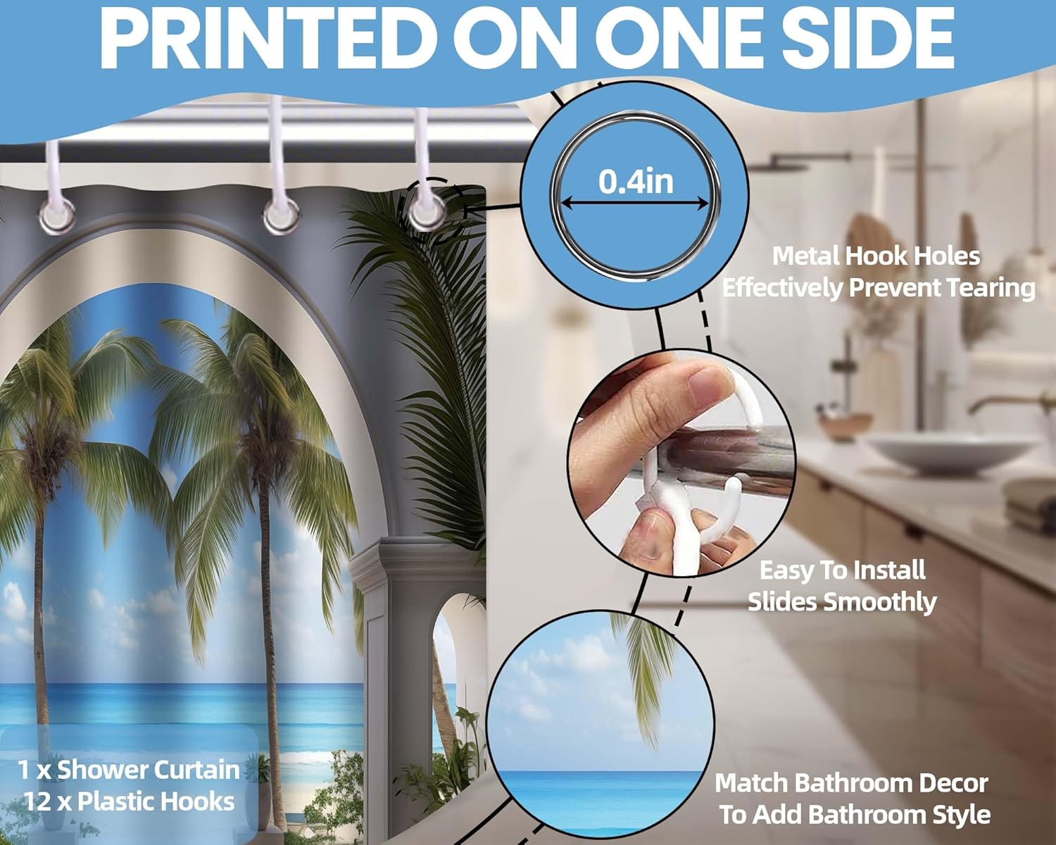 Summer Beach Theme Shower Curtain Beachy Coastal Palm Tree Pattern Ocean Tropical Scenic Nature for Bathroom, Decorative Waterproof Fabric(70" W x 84" L)