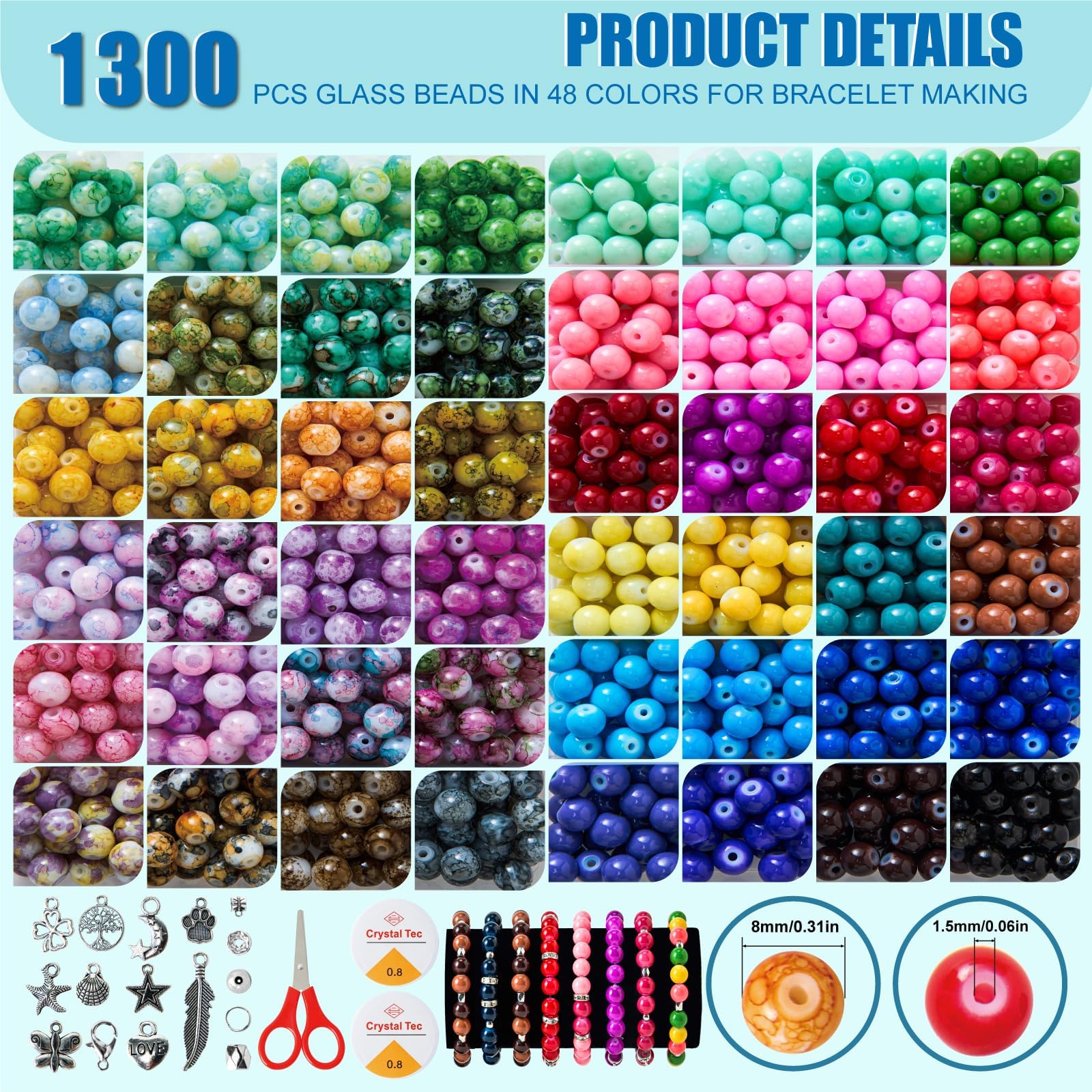 Perles en verre pour bracelets – Lot de perles colorées pour la fabrication de bijoux, perles pour travaux manuels et bracelets, perles en verre pour la fabrication de bijoux, perles pour la