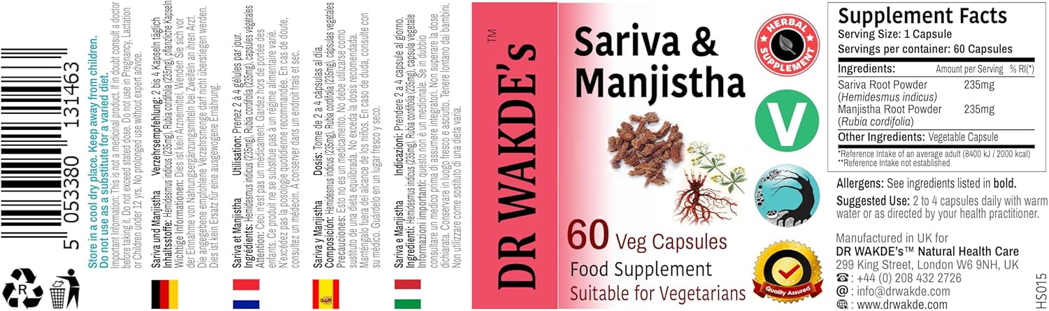 DR WAKDE's Sariva & Manjistha Capsules (60 Veg Caps, Detoxifying Herbs, Supports Healthy Skin, Ayurvedic Supplement, Vegan, Herbal, All Natural, Made in UK)