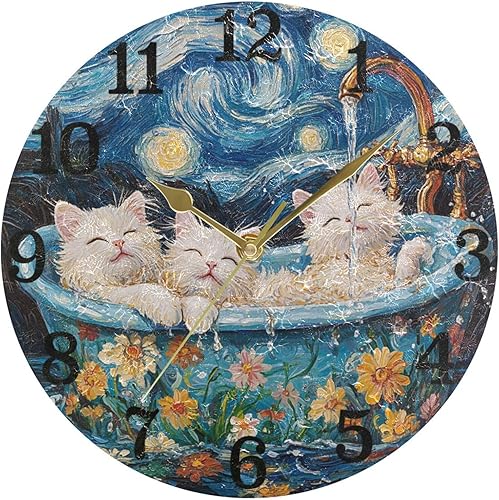 Miniatura 5 de KLL Sweet Selkirk Rex Cats Retro Bathtub 10 Inch Round Classroom Clock Wall Non Ticking Creative for Office Farmhouse Bathroom relojes de pared para