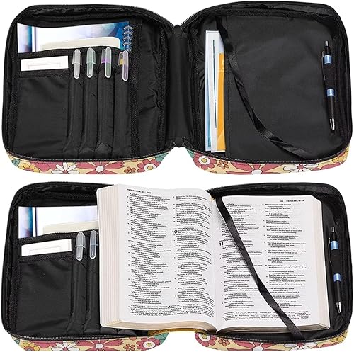 Miniatura 7 de Drydeepin Funda para Biblia Abstracta Groovy con Patrón de Flores Margaritas Hippie de los Años 70 para Mujeres, Bolsa Tote de Iglesia con Asa y