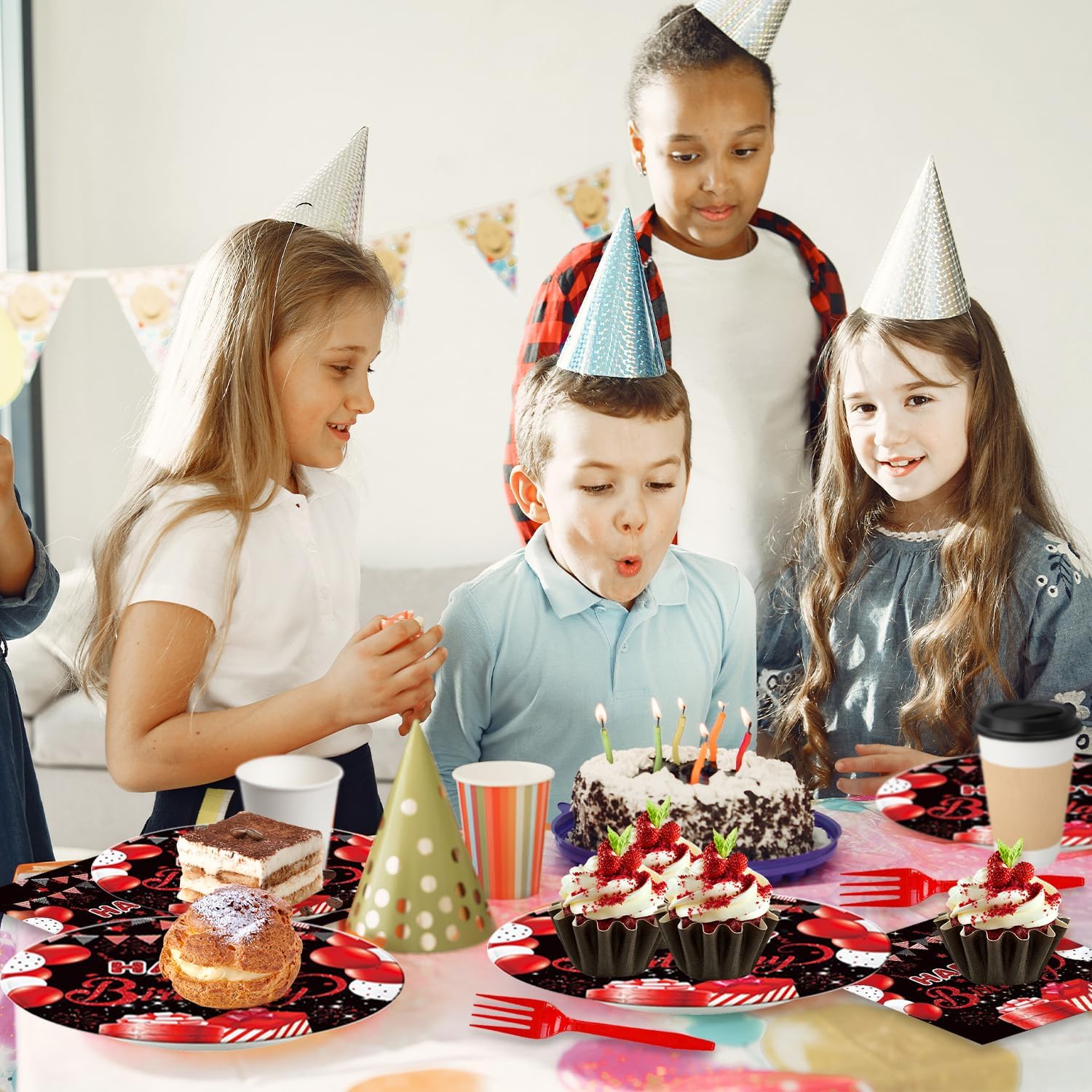 48Pcs Red and Black Birthday Decorations Happy Birthday Decorations for Men Women Disposable Red and Black Paper Plates and Napkins Set Party Supplies Serve 16 image 5