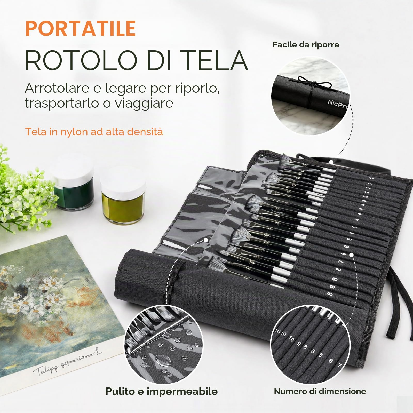 Nicpro 36 pezzi pennelli per dipingere, pennelli professionali con spatola e rotolo di stoffa, adatto per artisti e principianti per pittura acrilica, olio, acquerello, gouache