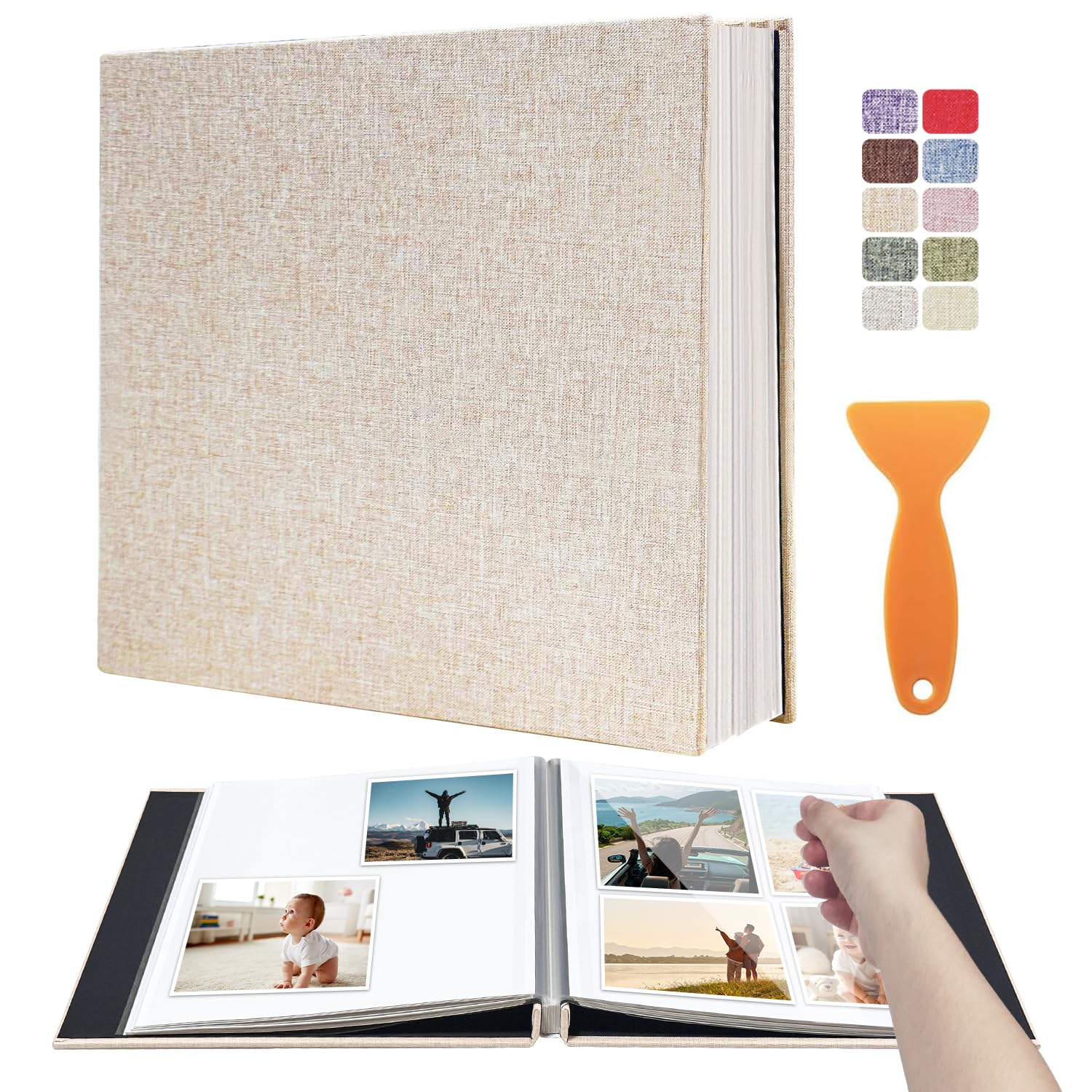 Álbum de fotos con capacidad para fotos de 4 x 6, 5 x 7 y 8 x 10 pulgadas, páginas autoadhesivas para bebés, bodas, viajes y recuerdos familiares, incluye bolígrafo metálico y raspador/beige claro