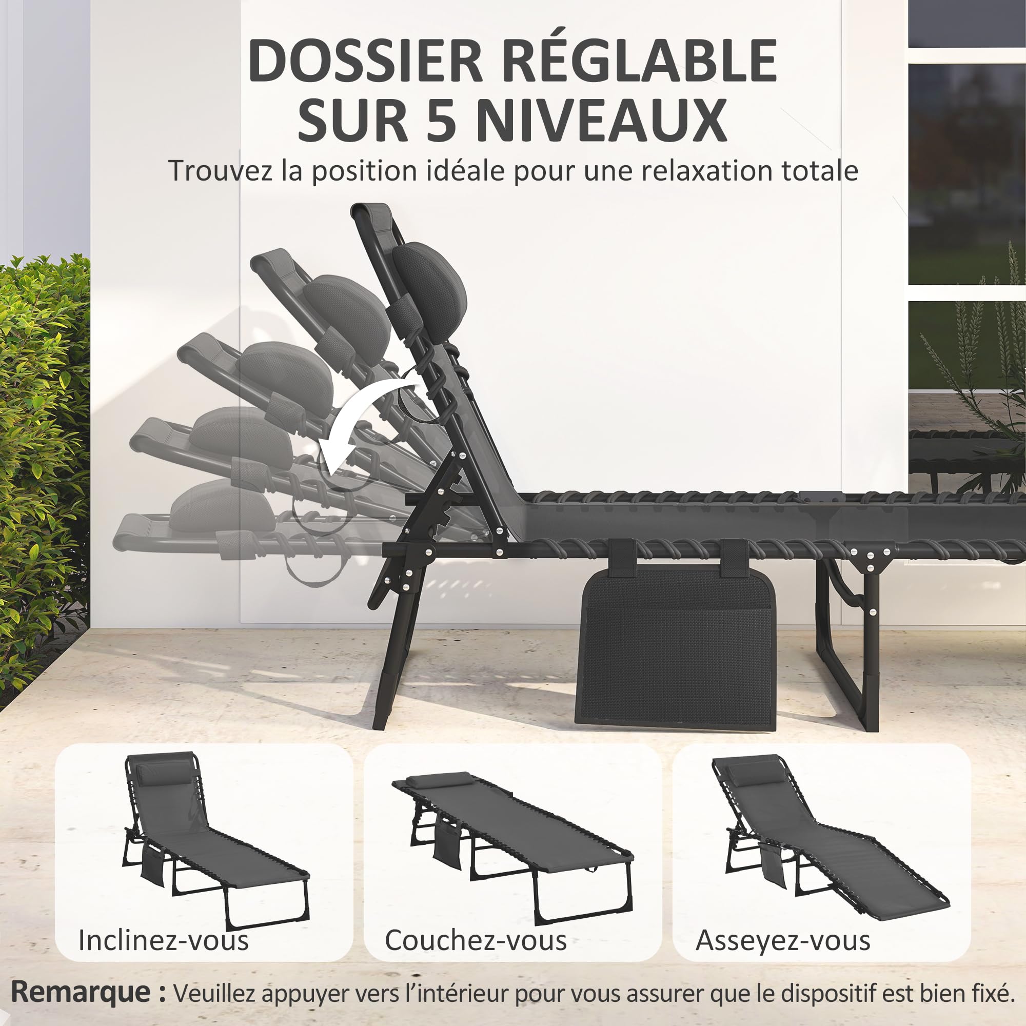 Outsunny Chaise Longue Pliable Bain de Soleil transat de Relaxation Dossier inclinable 5 Niveaux têtière Amovible Pochette latérale intégrée revêtement textilène Acier dim. 189x58x30cm Noir