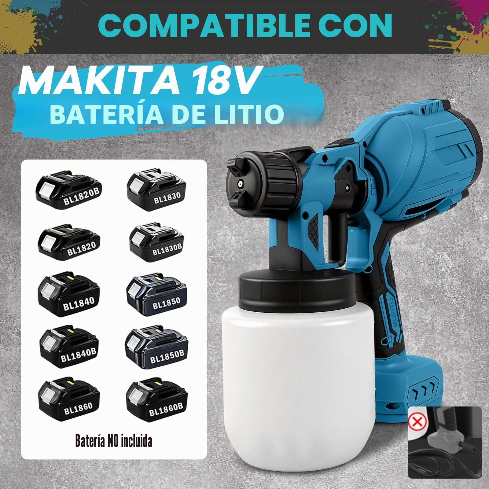 Pistola de Pintura para Makita 18V, Pulverizador Eléctrico Sistema de Pulverización de Pintura Inalámbrica 1000ML 5 Boquilla & 3 Modos para Cercas Jardín Muebles Paredes y Techos(sin batería)