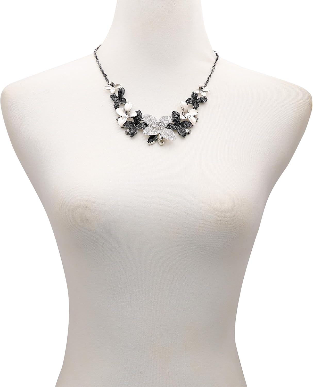 GUESS Silvertone Black Crystal Stone Floral Statement Necklace