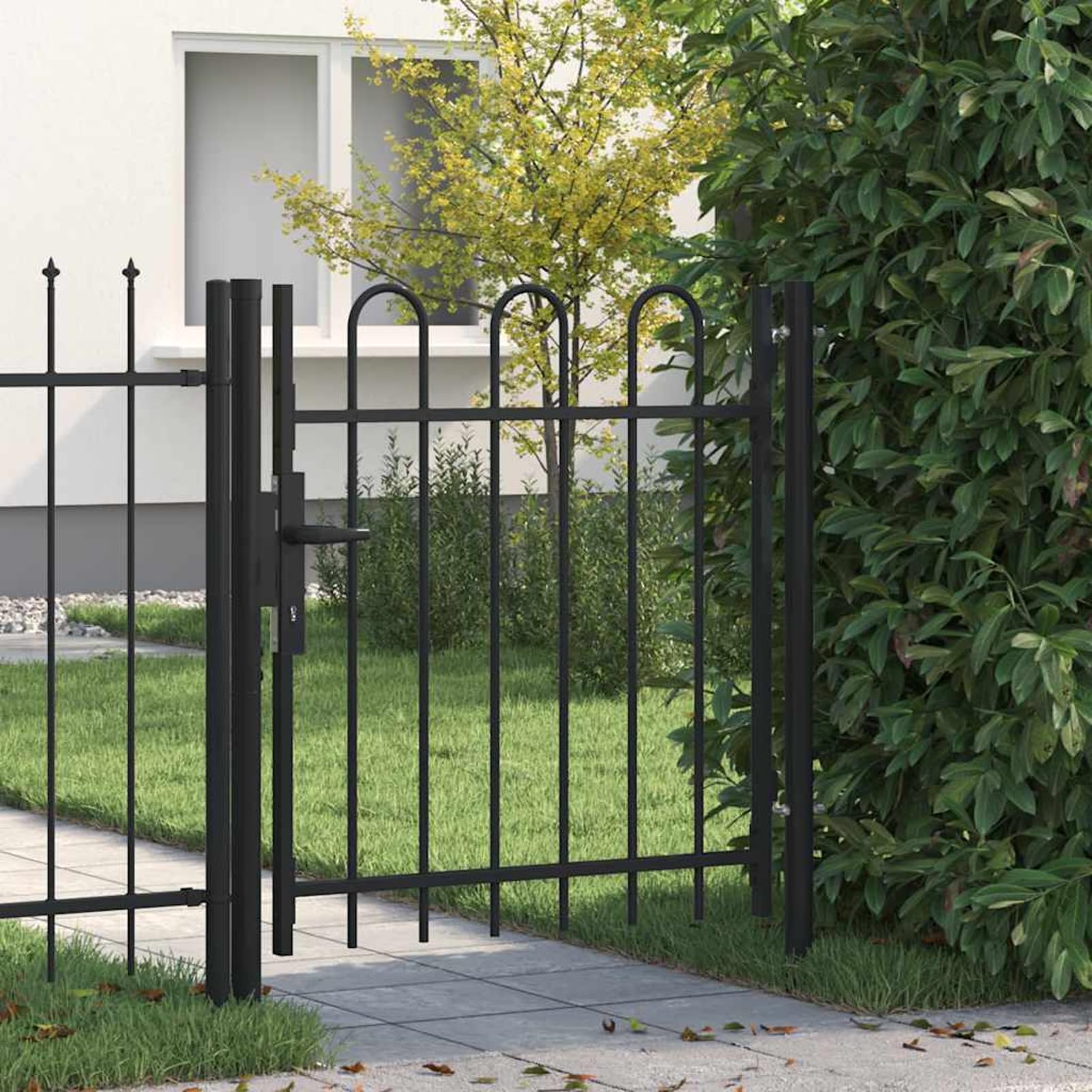 Homgoday Cancello a Singola Anta con Archi in Acciaio 1x1 m Nero, Cancello per Recinzione da Esterno Cancello per Giardino, Porta Staccionata Pedonale Barriera per Cortile Cancelletto da Giardino