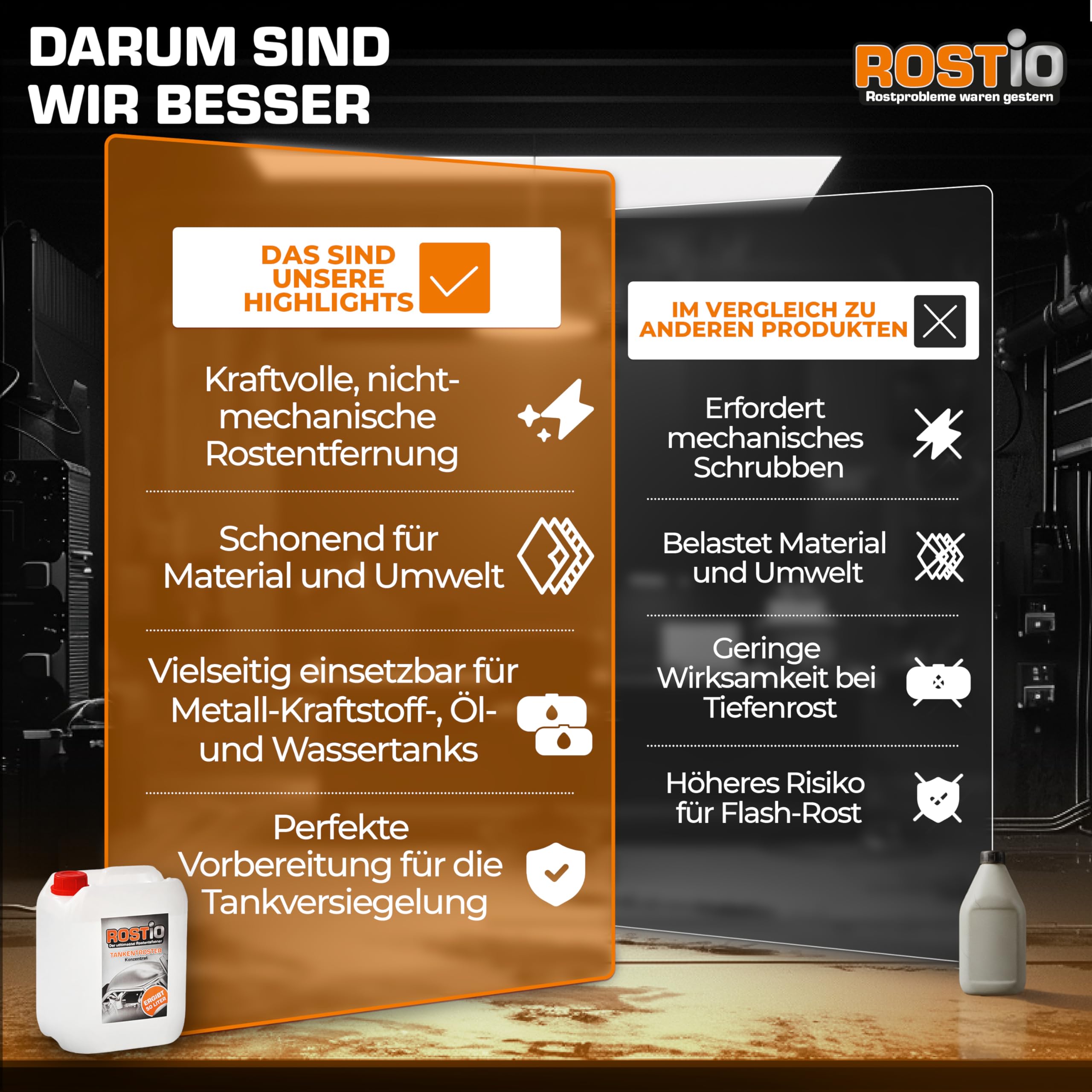 Rostio Tankentroster 5L – Konzentrat zur vollständigen Entrostung von Metalltanks – 1:10 verdünnbar – entfernt Rost zu 100% – für Tanks bis 50L – porentiefe Reinigung & Vorbereitung für Versiegelung