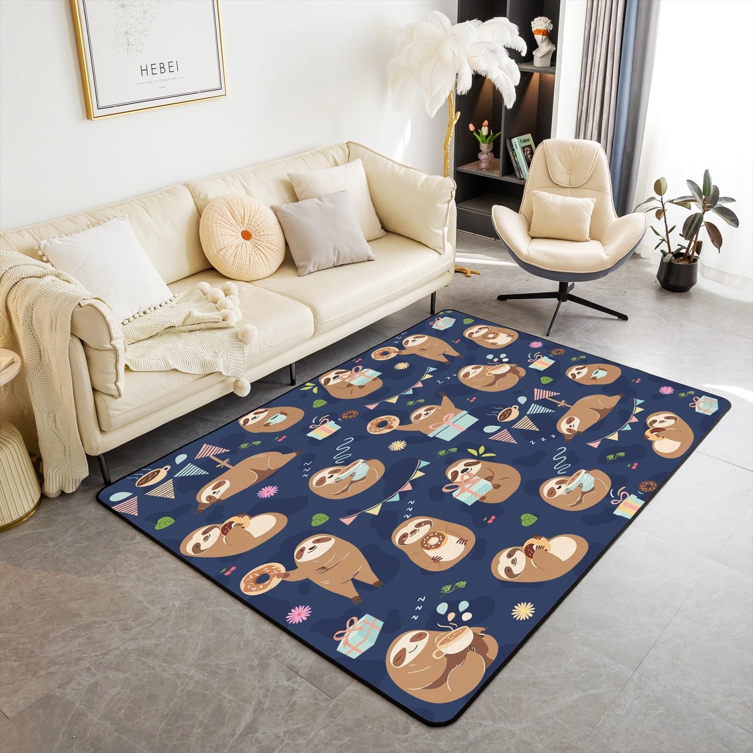 Feelyou Cute Sloth Area Rug 3x5 for Kids Boys Girls Kawaii Animal Decorative Carpet Cartoon Living Room Rugs Brown Blue Indoor Floor Mat