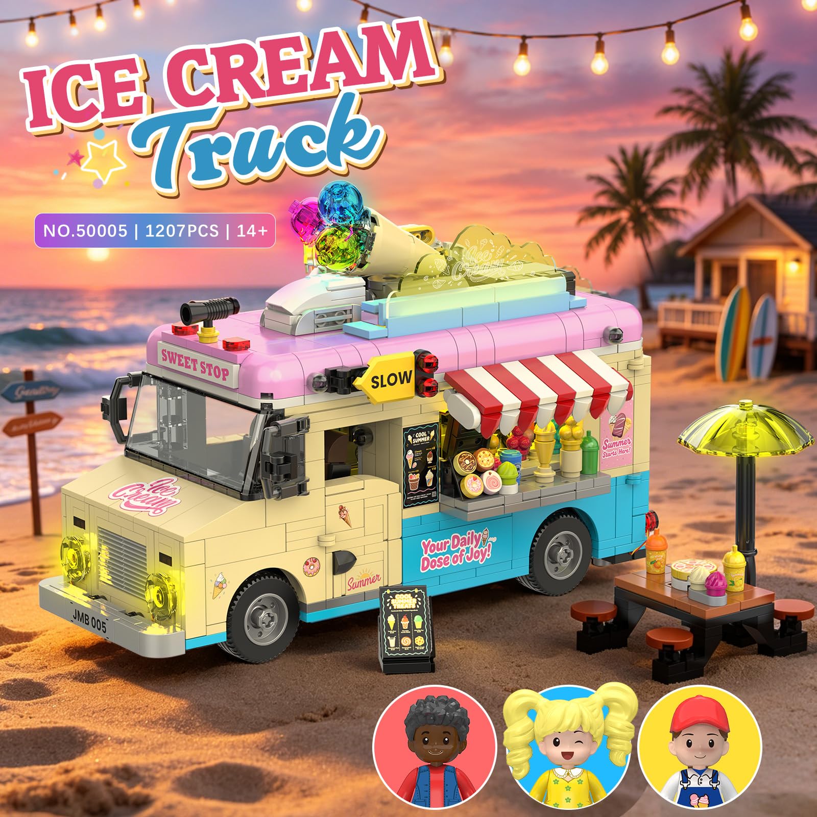 JMBricklayer City Eiswagen Klemmbausteine mit Licht, Truck Fahrzeug Bauset Modellauto mit 3 Mini-Figuren, Rollenspiel Essen Imbisswagen Sammel Spielzeug Geschenk für Mädchen Erwachsene ab 14 Jahren
