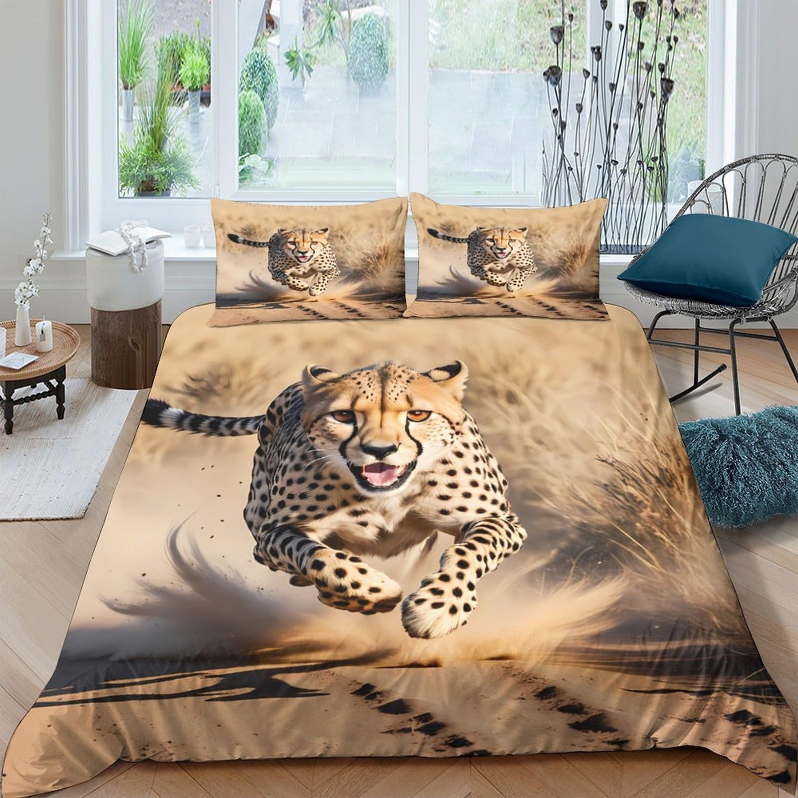 GPLZQXKJNH 3D Printed Wild Cheetah Duvet Cover Microfiber Soft Breathable Safari Animal Bedding Set with 2 Pillowcases for Bedroom Decor Single（135x200cm）