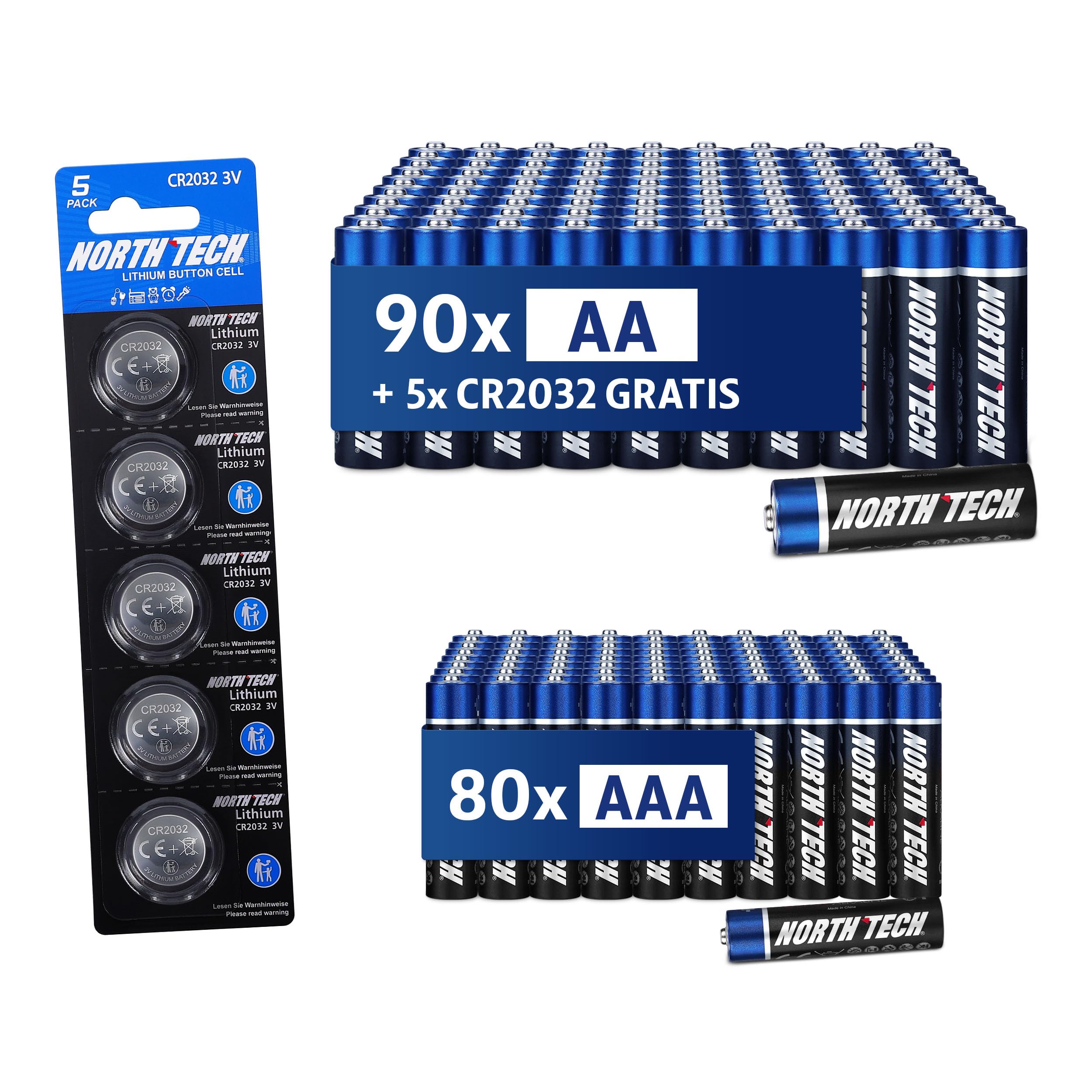 North Tech Ultra Piles alcalines AA et AAA – 90 x AA + 80 x AAA + 5 x CR2032 gratuites | Pack énergétique haute performance | Durable, anti-fuite et respectueux de l'environnement | Durée de vie de 10