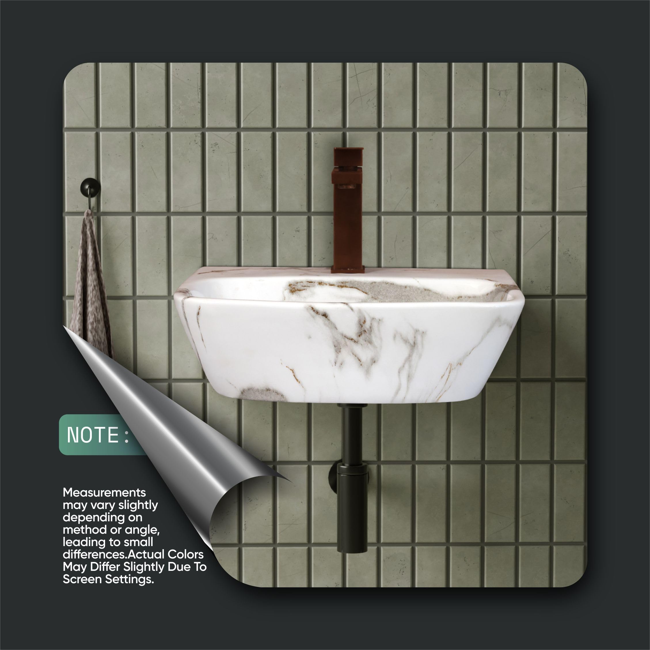 HISRE Wall Mount Wash Basin 17 x 12 x 5 Inch | White Grey Marble Finish Ceramic Sink | Modern Rectangular Bathroom Basin for Home, Office, and Hotels, photo 4 of 5