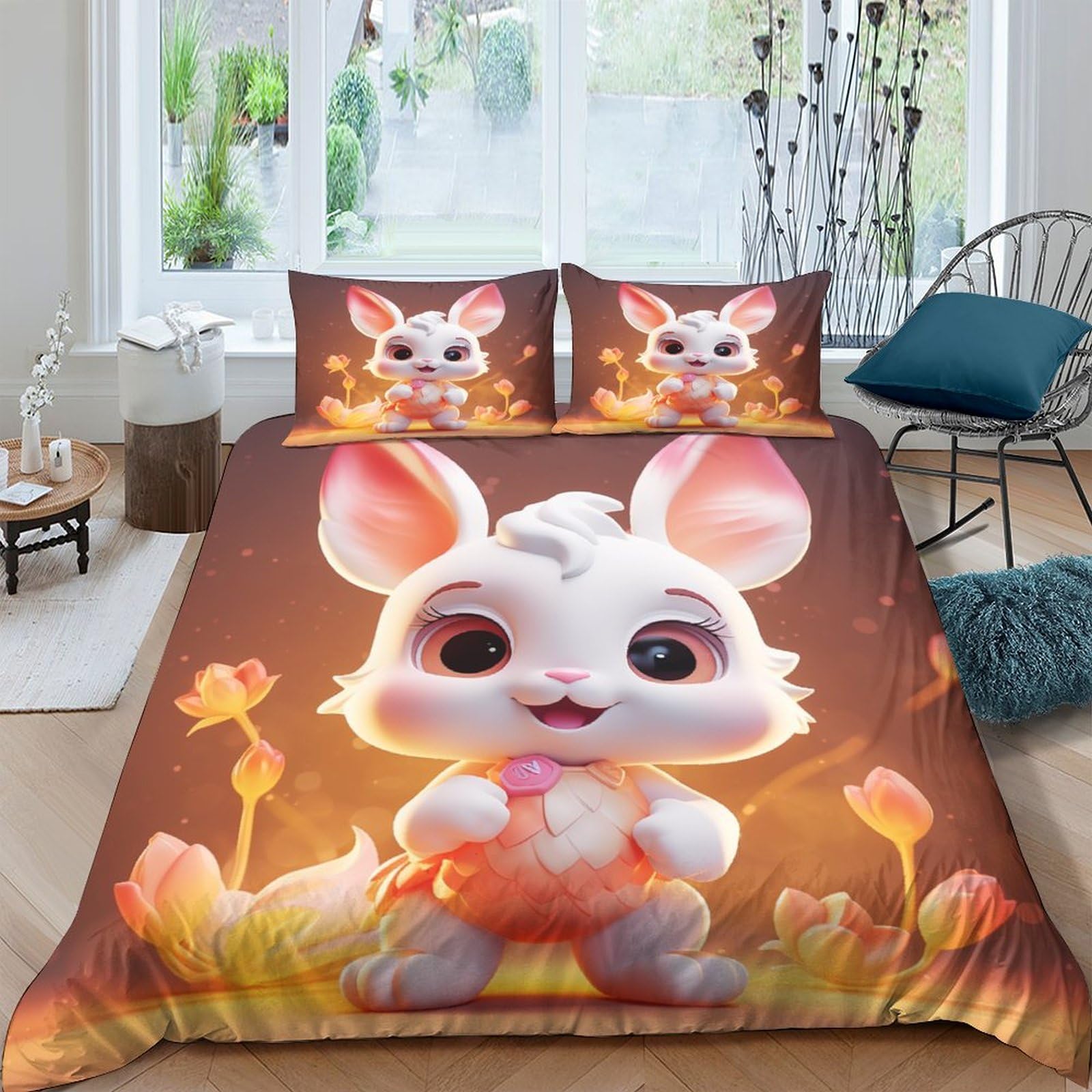 Parure de lit enfant lapin 3D King 220x240cm avec housse de couette et taie d'oreiller