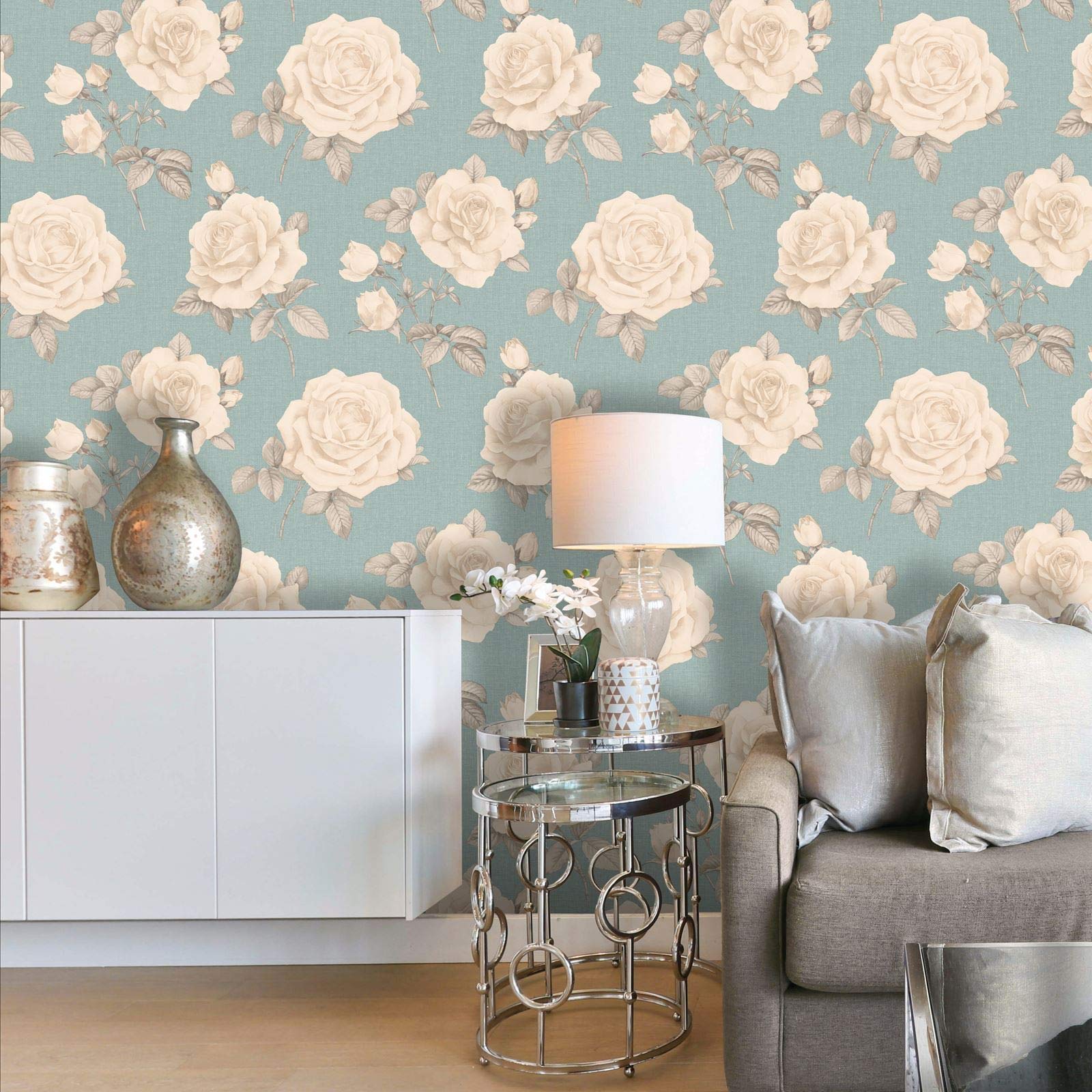 Belgravia Decor Cream Rosa Floral Wallpaper Teal/ Belgravia 9763