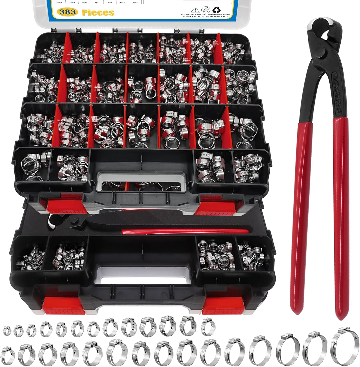 383PCS 28 Sizes Single Ear Hose Clamps, 304 Stainless Steel Ear Clamps, 5.3-33.1mm Stepless Adjustable Cinch Clamps for Automotive, Home Appliance Line and Plumbing, Double Sided Organizer