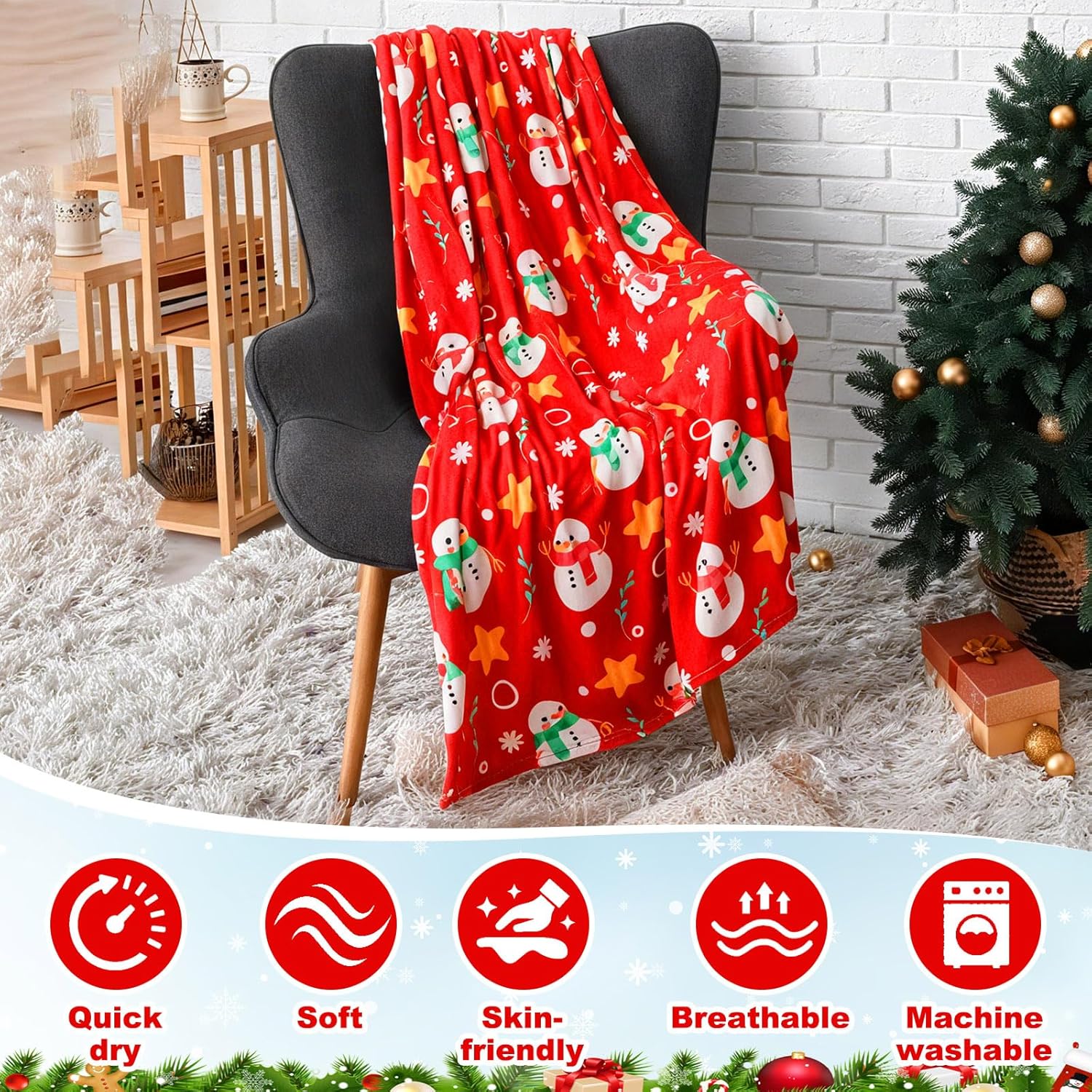 Buryeah 4 Pcs 50 x 60 Inch Christmas Throw Blanket Warm Soft Snowman Christmas Tree Plush Blanket Flannel Fleece Throw for Xmas Couch Chair Bedroom Picnic Home Decoration - Image 4