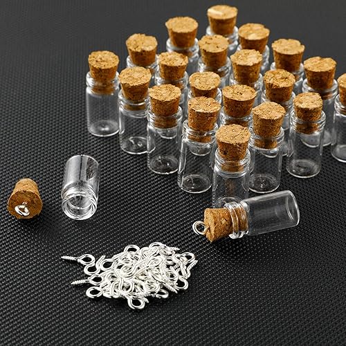 Miniatura 5 de Juego de 50 botellas pequeñas de vidrio con tapones de corcho, pequeñas botellas de vidrio de corcho con tornillos de ojo y embudo pequeño para