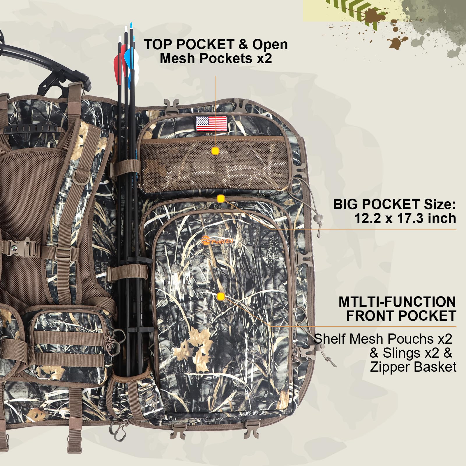 Sac à dos de chasse homme avec porte-arc, sac de chasse en selle et sac de sport