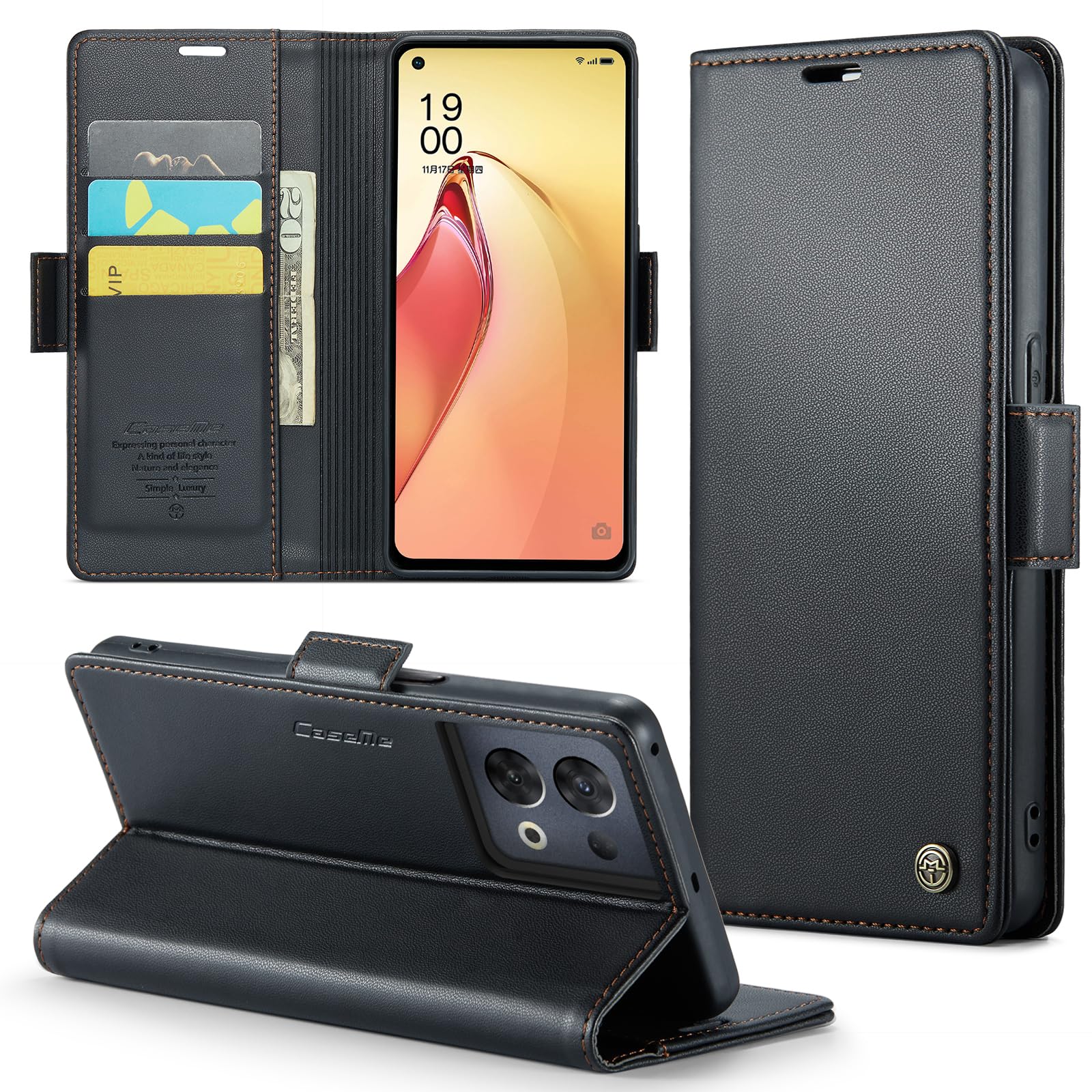 Cover for Reno 8 pro Wallet Case with Card Holder, Kickstand RFID Blocking Magnetic Closure Shockproof Protective PU Leather for Reno 8 pro Flip Case Wallet - Black