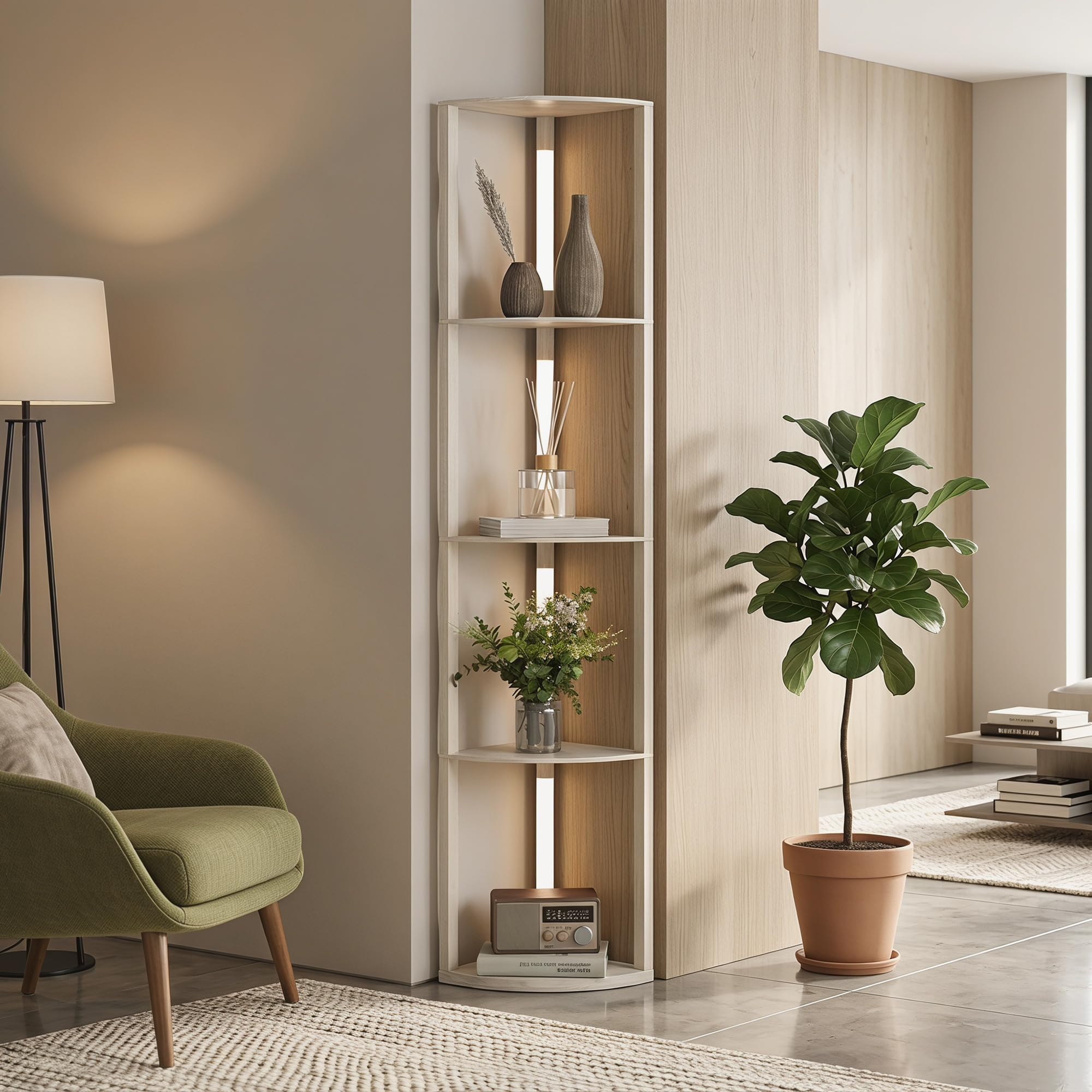 HOMCOM Lampada da Terra con 4 Ripiani Regolabile 41x29.5x163.5 cm Rovere | Da LED da 3000K, 3 Livelli, Lampada Moderna a Colonna in MDF