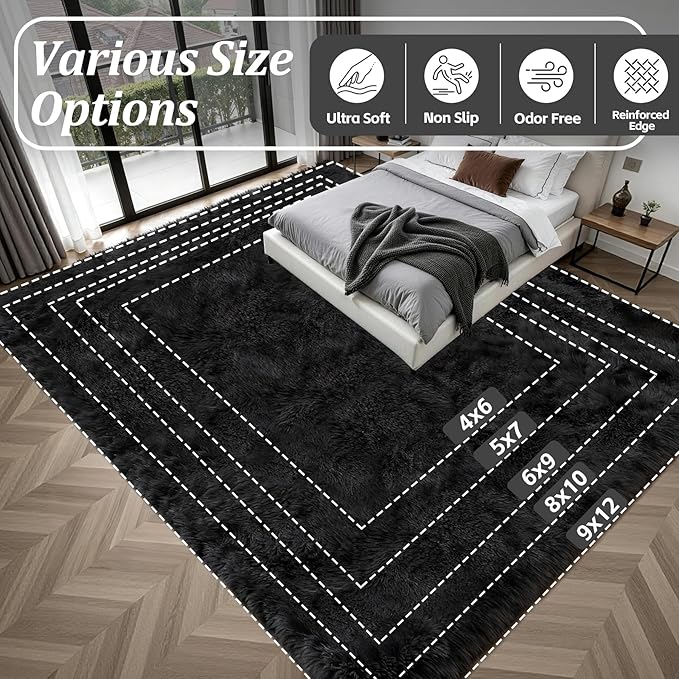 Alfombra 8x10 para Sala y Dormitorio - Shag Suave Antideslizante Negra miniatura 9