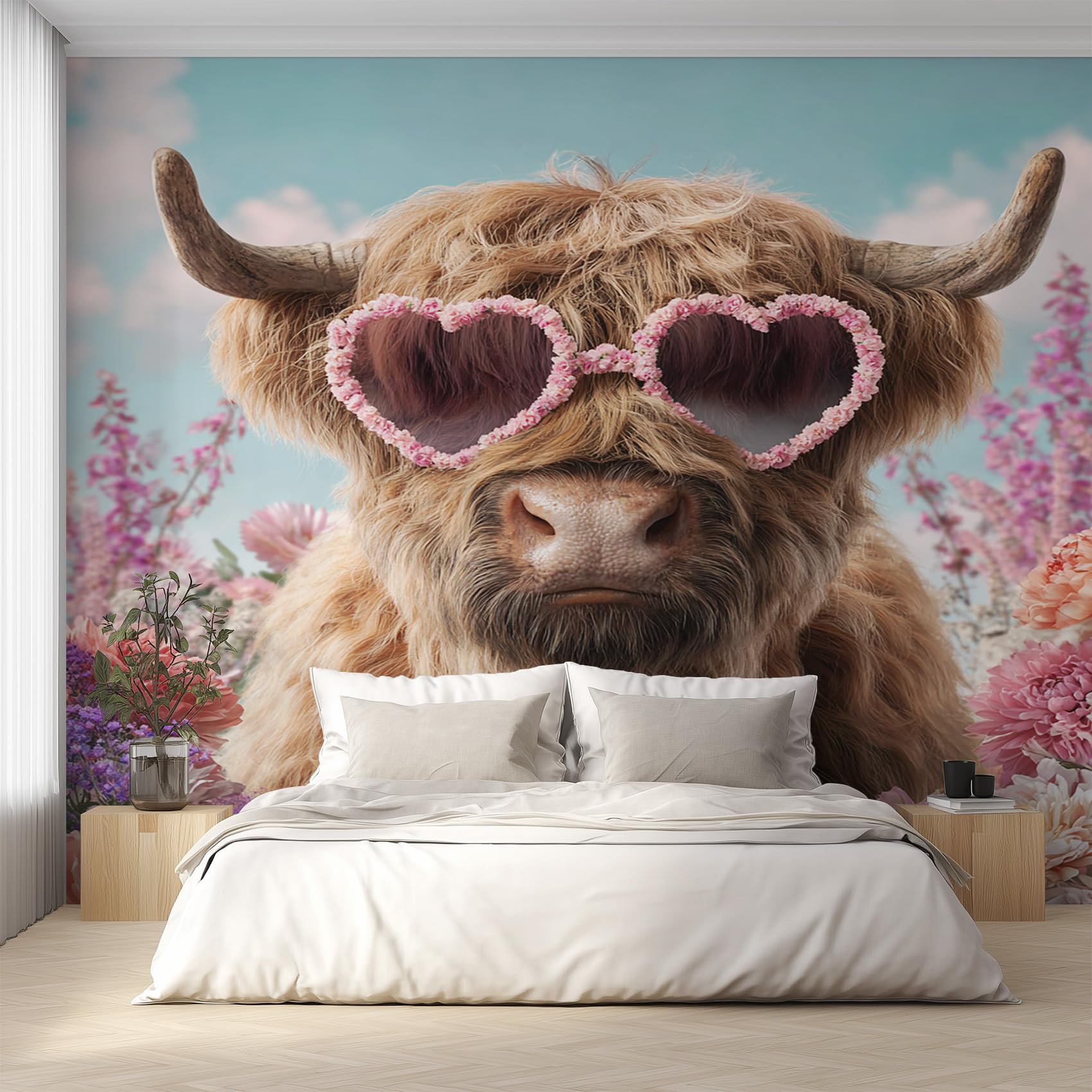 W130 X H80 cm Highland Cow Wallpaper, Wall Mural Rustic Colorful Flower Photo Wallpaper, Non-Woven Print Wall Paper for Living Room Bedroom Art Decor, Renter Friendly D&O155