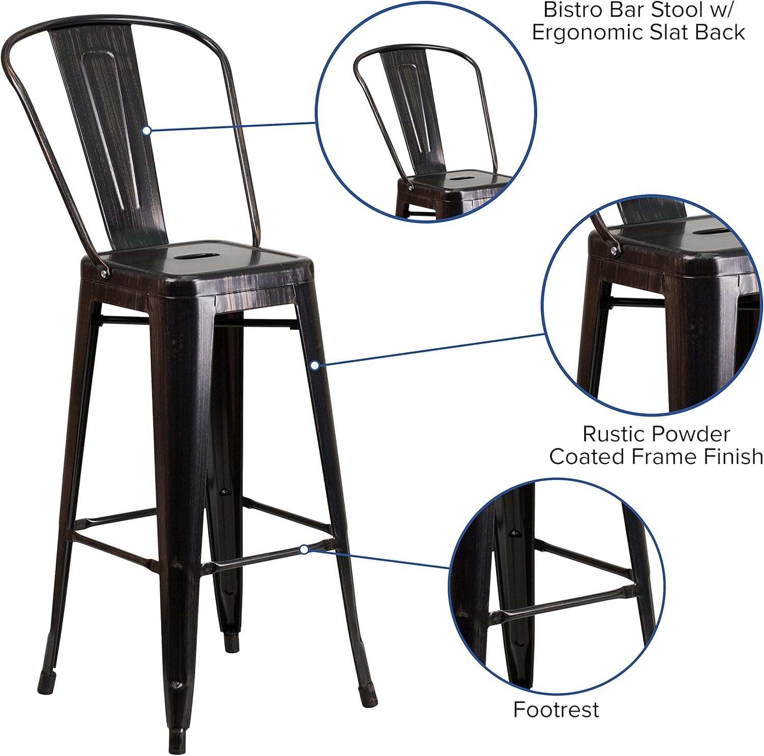 BizChair Commercial Grade 30" H Black-Gold Metal Indoor-Outdoor Barstool with Back