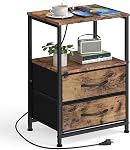 YBING Nightstand with Charging Station End Table with 2 Fabric Drawer Bedside Table with USB Ports and Power Outlets Modern Night Stand with Open Shelf for Bedroom Living Room Black