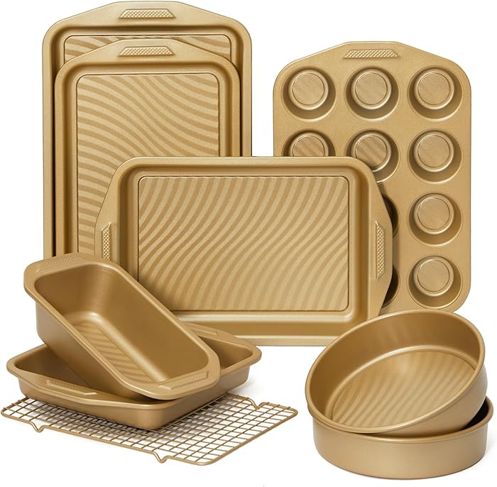 HONGBAKE 9-Piece Baking Pans Set with Wave Texture for Reduced Oil, 0.8mm Thick Bakeware Sets Non Stick, Includes Stackable Cookie Sheets for Oven Cooking, Cake Pan, Muffin Pan, Loaf Pan, Rack, Gold