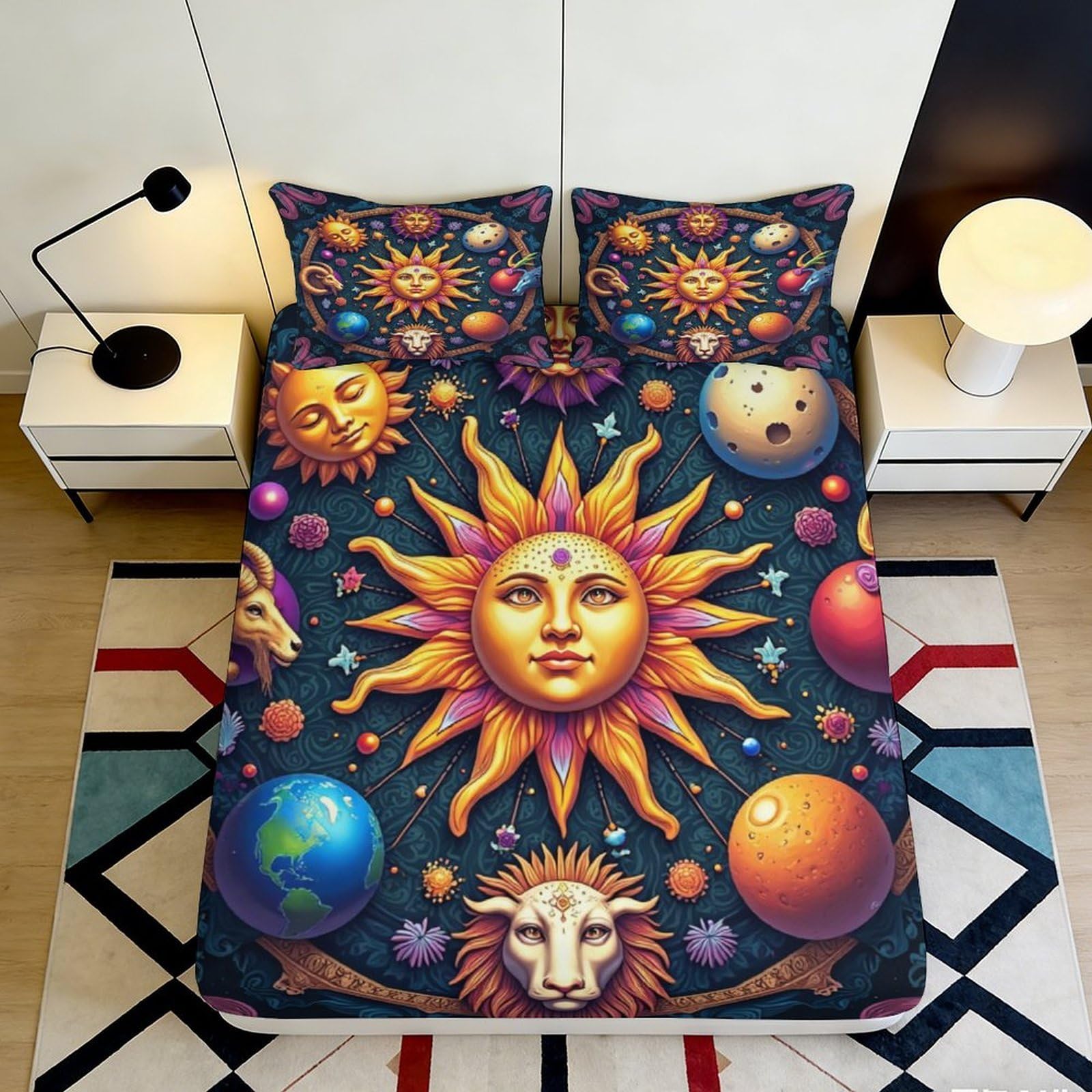 3D Printed Sun Moon Planet Fitted Sheet Microfiber Anti-Slip Celestial Lion Mattress Cover for Bedroom Dorm Decor 120x200x25cm