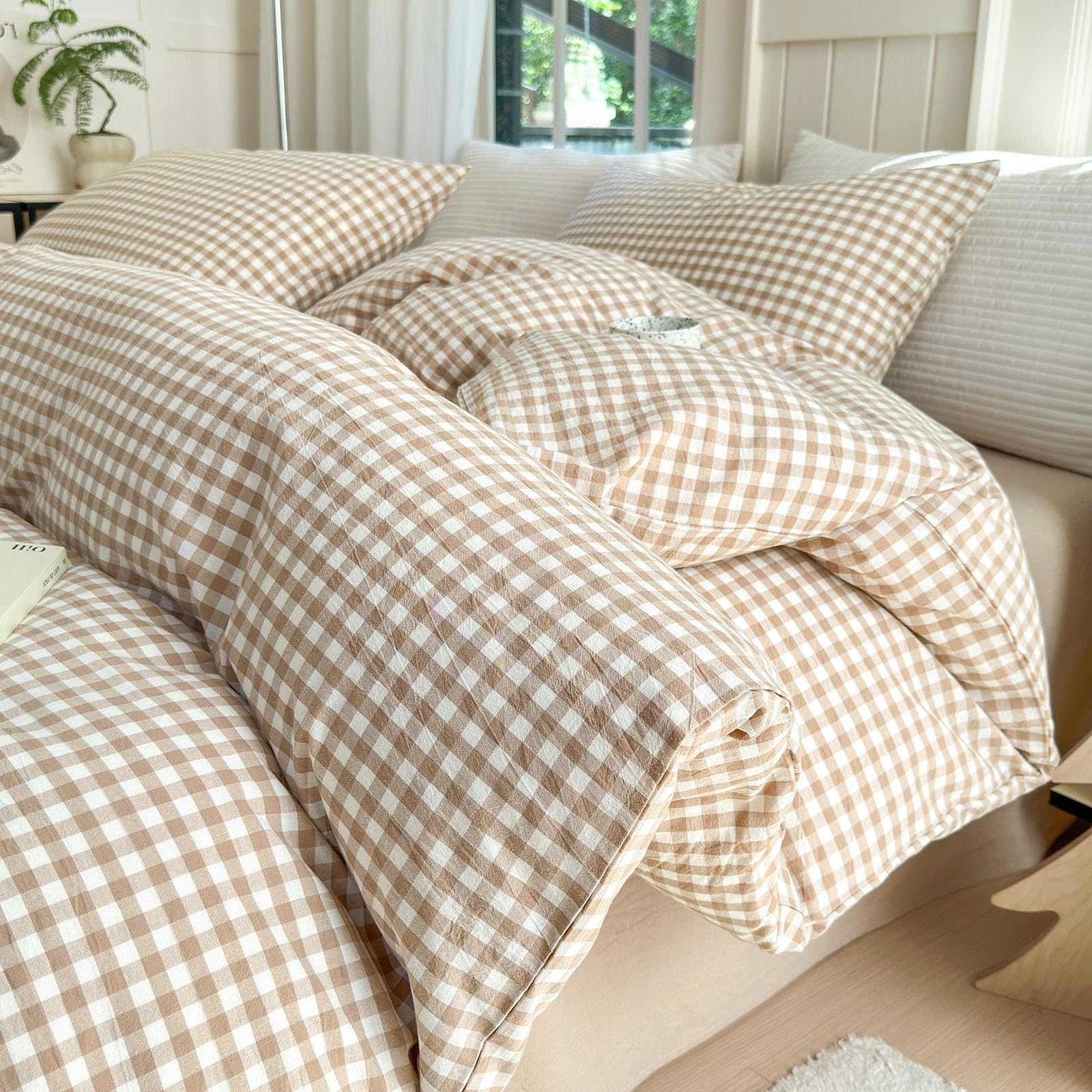 Amazon.com: LifeTB Tan Gingham Comforter Set Twin XL Modern
