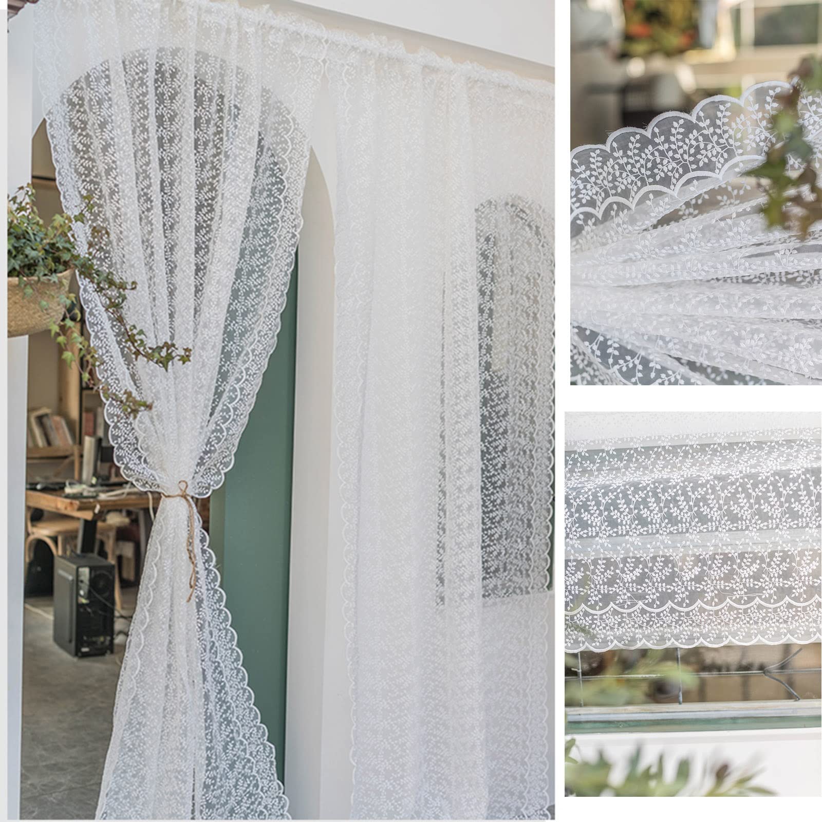 Rideau De Cuisine Court En Lin - Blanc Dentelle 40x60 Cm | Pour Petite Fenêtre, Bistro, Salle De Bain | Style Demi-rideau Léger