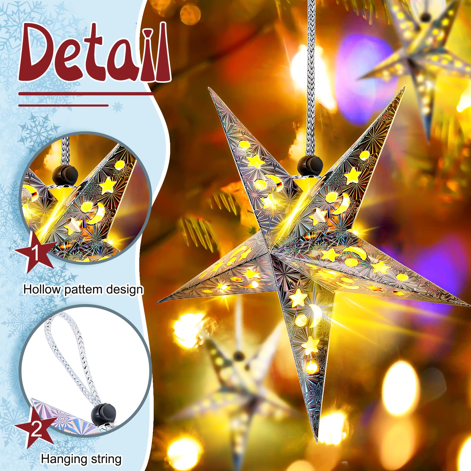 Juego de 20 faroles de estrella de papel de Navidad, 2 tamaños, 17.7 pulgadas, 11.8 pulgadas, adornos colgantes de Navidad, pantalla 3D, decoración colgante con 20 luces LED para Navidad, Año Nuevo,