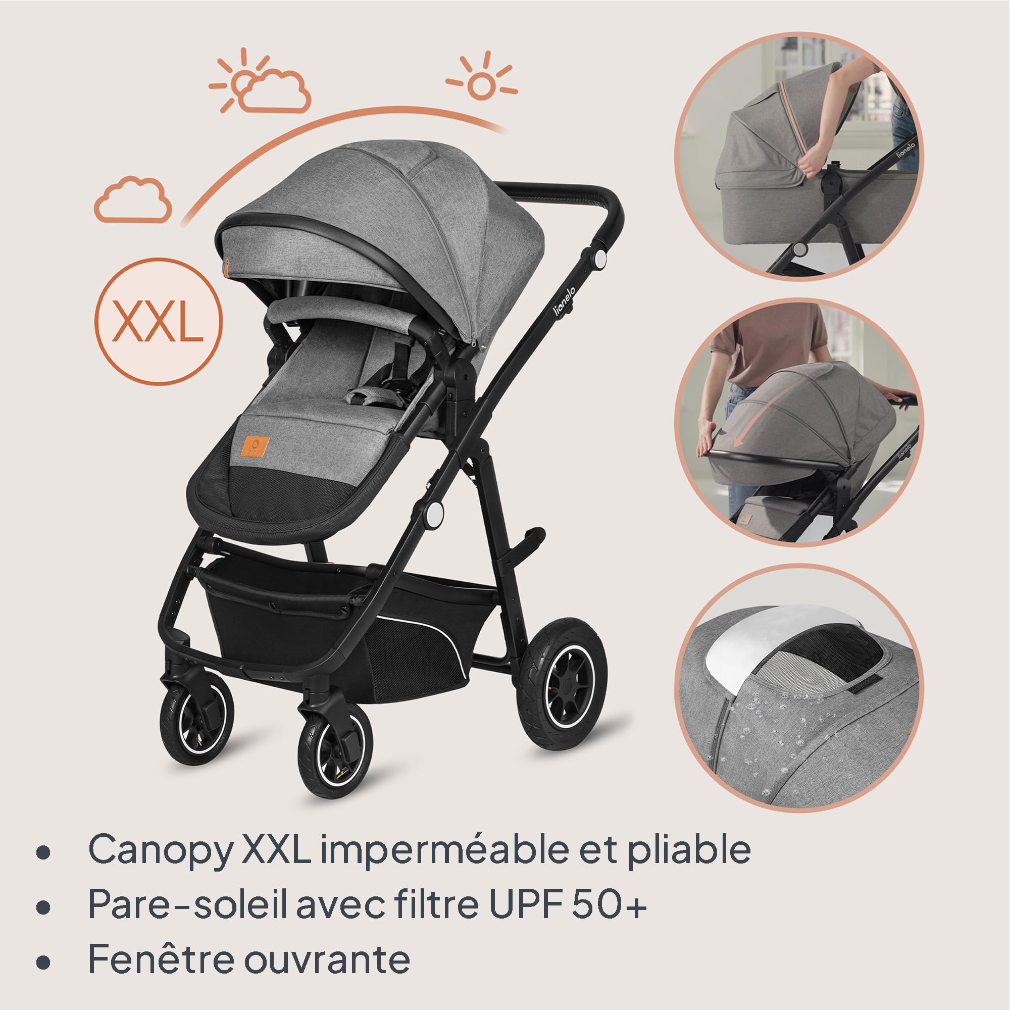 LIONELO BIANKA Poussette 3 en 1 max 22 kg Nacelle max 9 kg Siège-auto max 13 kg Poussette Pliable Système de Voyage Dossier Réglable Roues 360° Amorti Auvent XXL Trio poussettes combinées