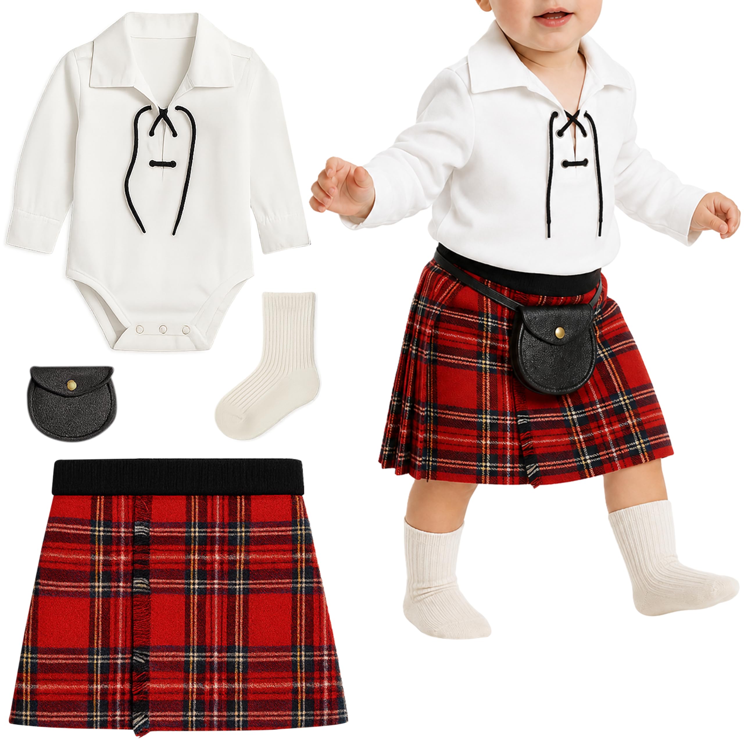 BRAW CLANS TARTANS Baby Kilt Outfit for 12-24 Months, Ghillie Shirt, Sporran & kilt hose - Traditional Scottish Royal Stewart Tartan Gift for baby