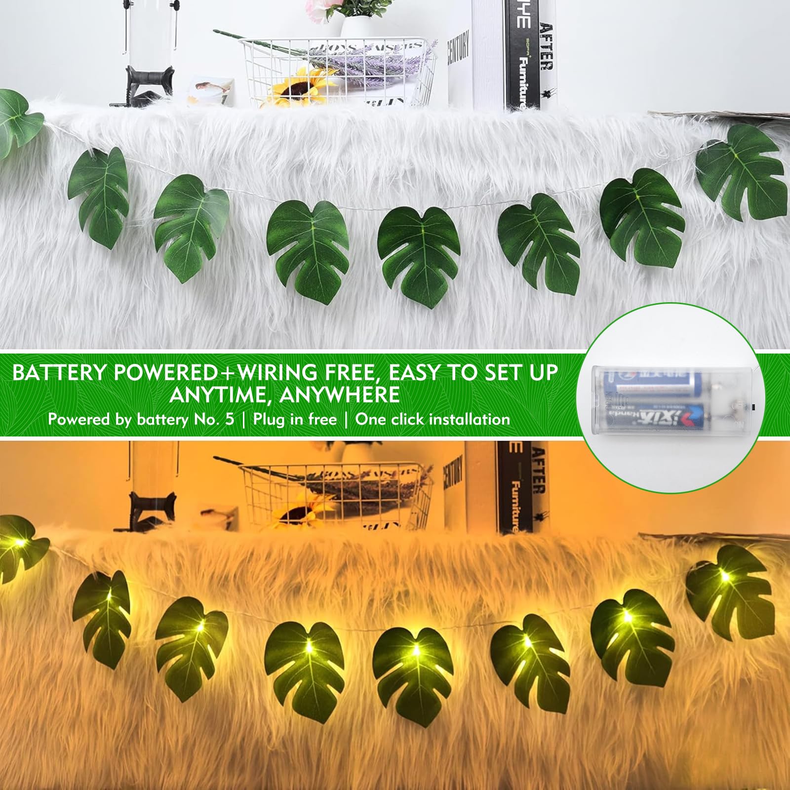 TaimeiMao Guirnalda de Luces LED Tropical, 2M 10 Hojas de Palmera LED, Guirnalda de Luces Tropical Hawái, Decoración Vegetal Primaveral para Interiores y Exteriores Fiesta Hawaiana Boda Playa