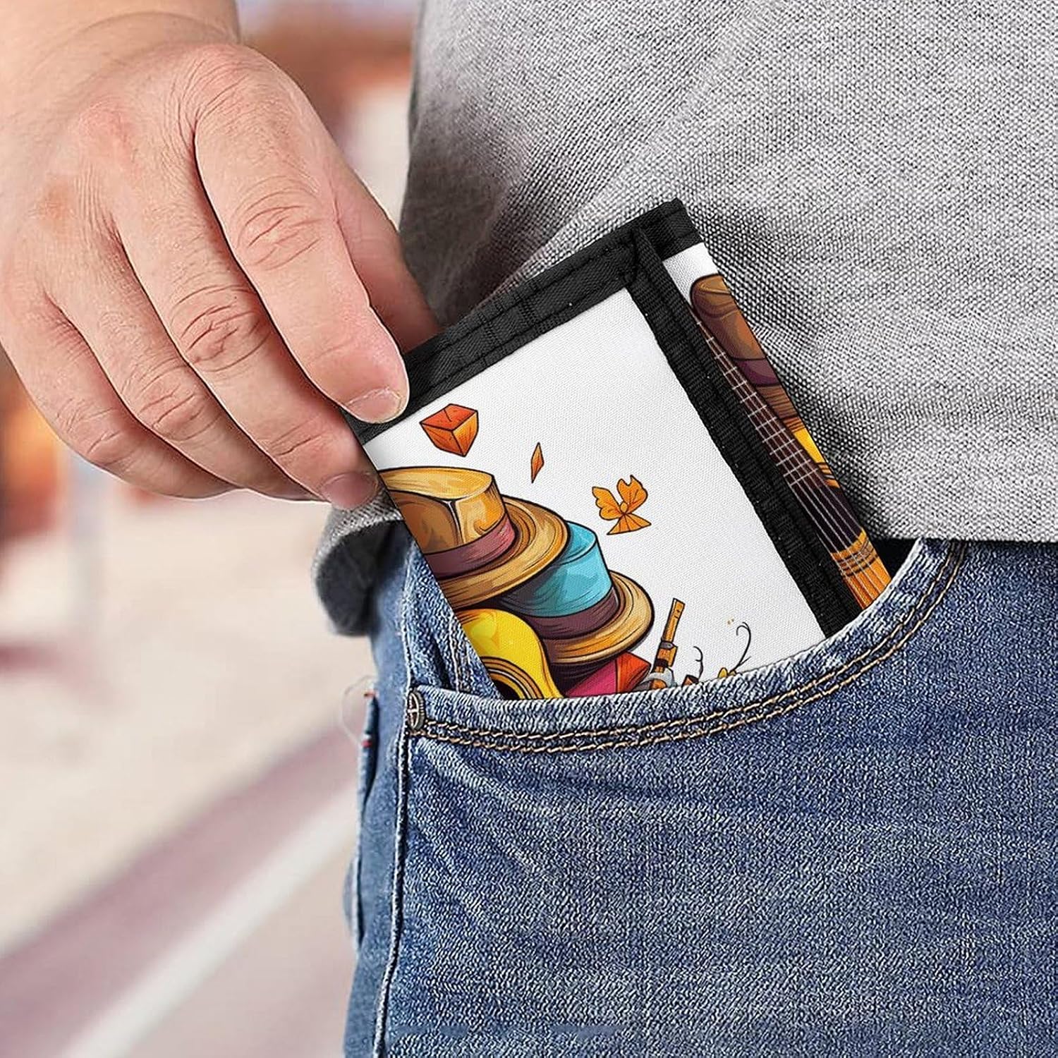 Funny Cartoon Hats Guitar Trifold Wallets Slim Wallet Novelty Pocket Purse Multiple Card Slots Outdoor Travel Wallet Stylish Durable Wallets For Men Women