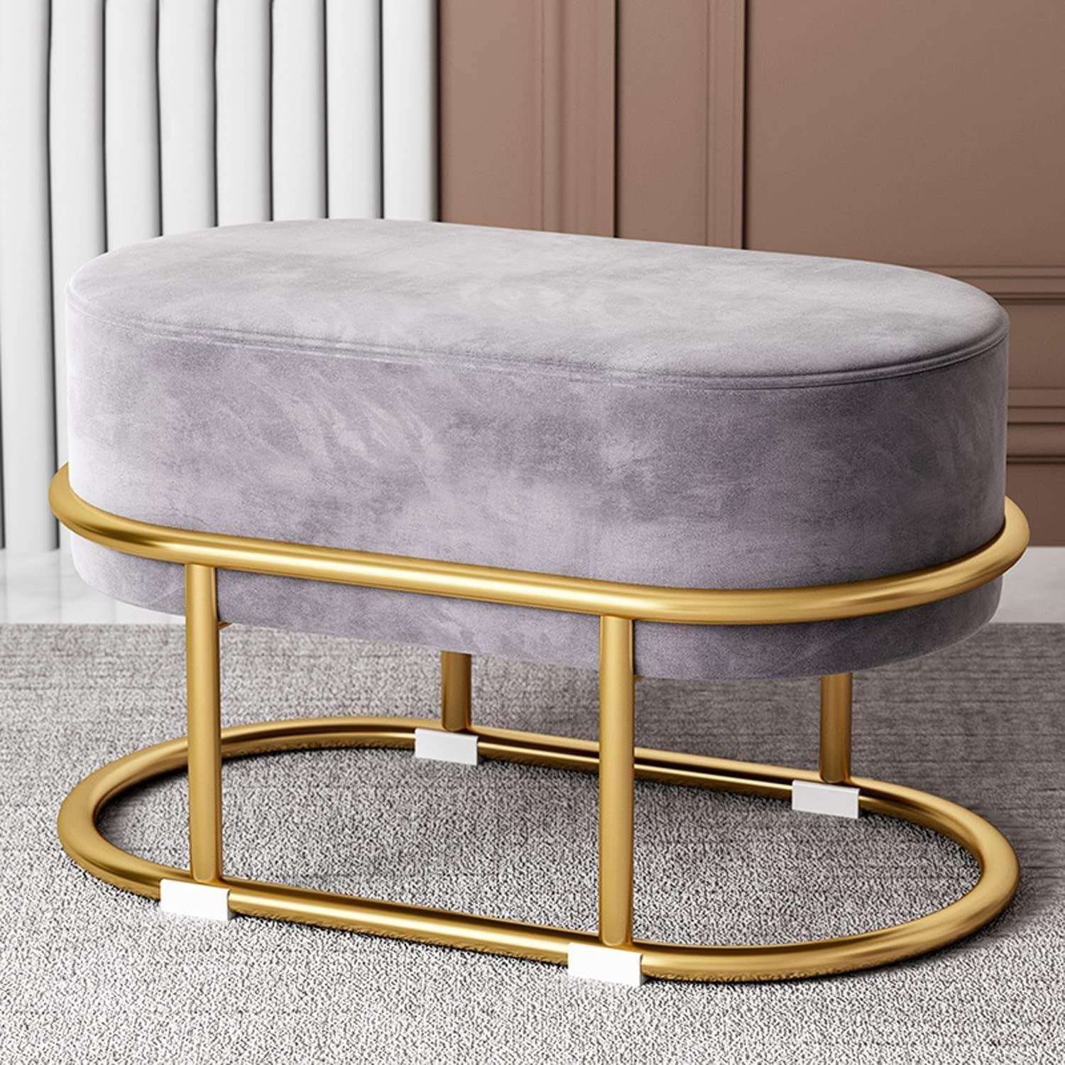 Brown Art SHOPPEE Bedroom Bench with Gold Base, Upholstered End of Bed Bench, Indoor Benches for Entryway Dining Living Room Window, Accent Ottoman Bench Long Seat Foot Stool (Grey)-image-0