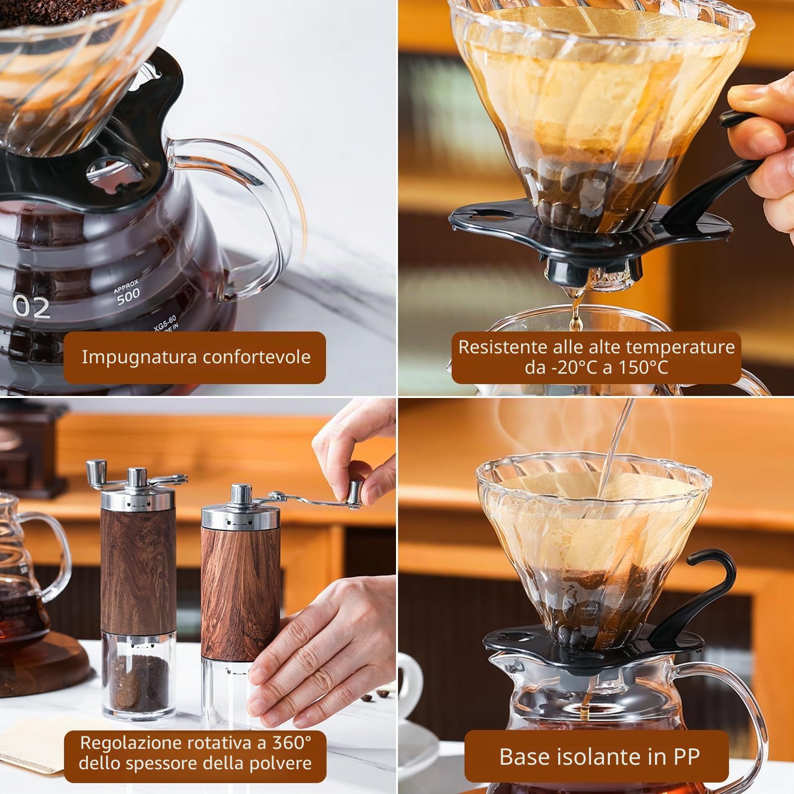 Set di Macinacaffè Manuali da 7 Pezzi,Versare sopra la caffettiera con set di bollitore,Macinacaffe Portatile Professionale,Grado di Rettifica Regolabile,Per l'ufficio domestico (100 filtri)