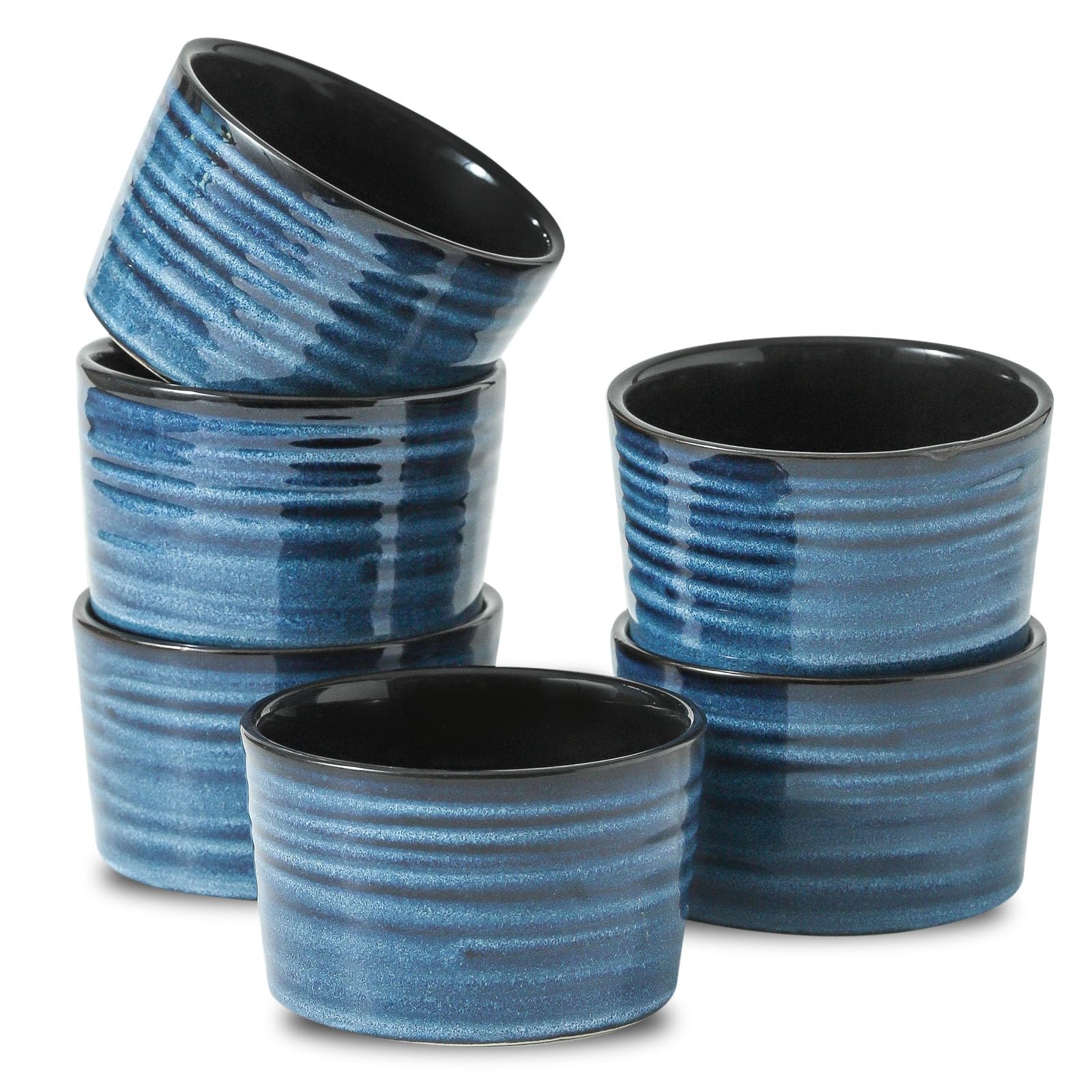 glowworm Ramequines de 8 onzas para soufflé de crema brulee, tazas de porcelana para hornear, cuencos de ramequines de estilo moderno aptos para horno, juego de 6, azul