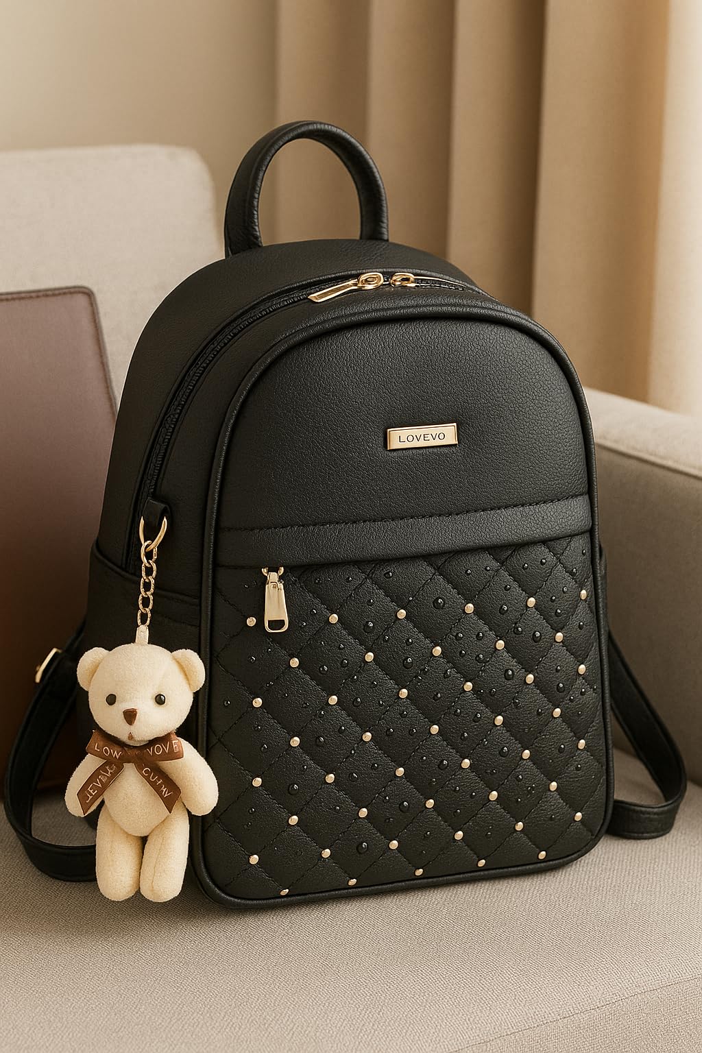 TYPIFY 2-Pack Women’s Stylish Backpack Combo – Black & Pink Faux Leather Bags with Teddy Keychain | Lightweight College & Travel Bags for Girls 4