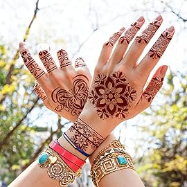 Henna Tattoo 12 Sheets Red Brown Henna Temporary Tattoos for Women and Teen Girl, Waterproof Realistic Mehndi Fake Tattoos for Wedding Beach Rave Festival Party Makeup Body Paint Parties Friends etc