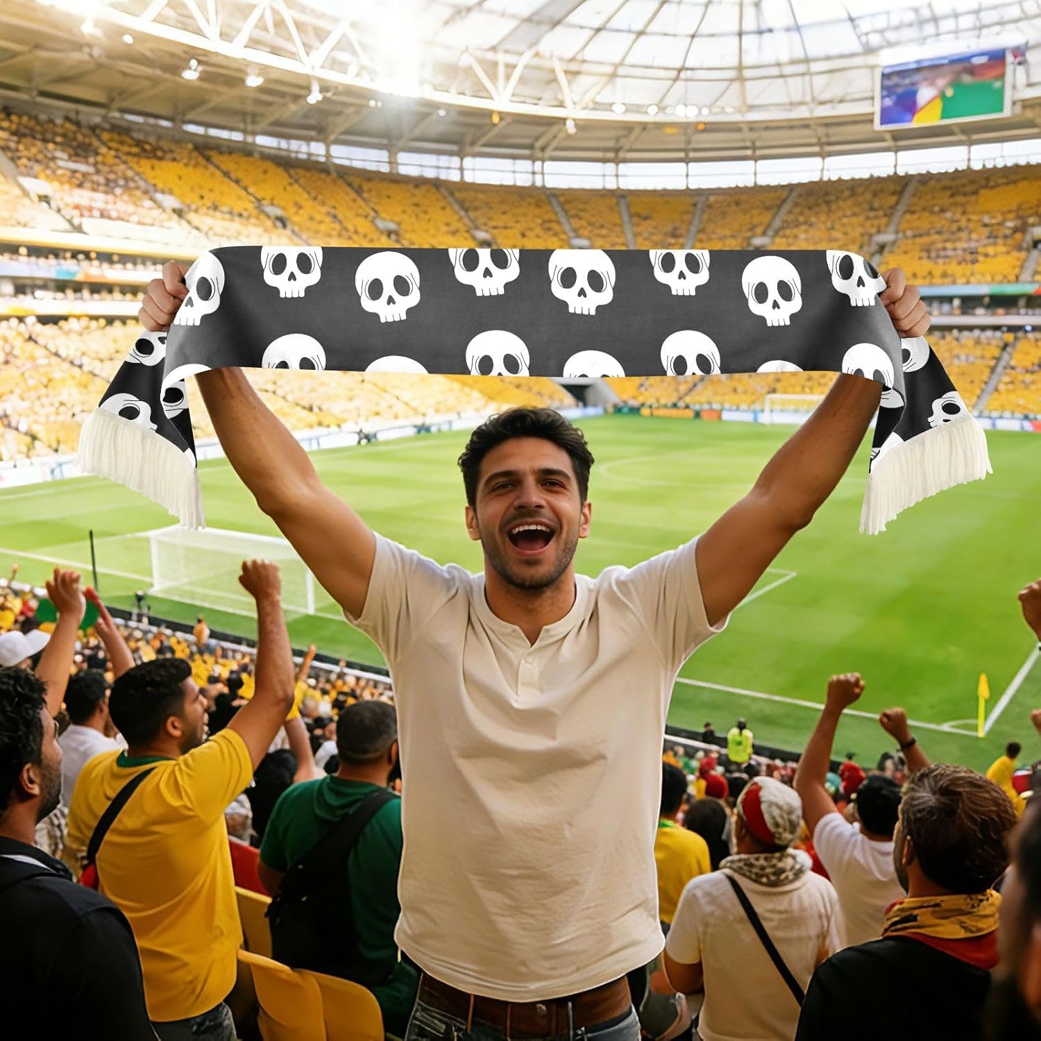 CHIFIGNO White Skulls Black Sports Fan Scarf Towel, Soft Soccer Scarf for Game Day, Quick Dry Polyester, Double Sided Print