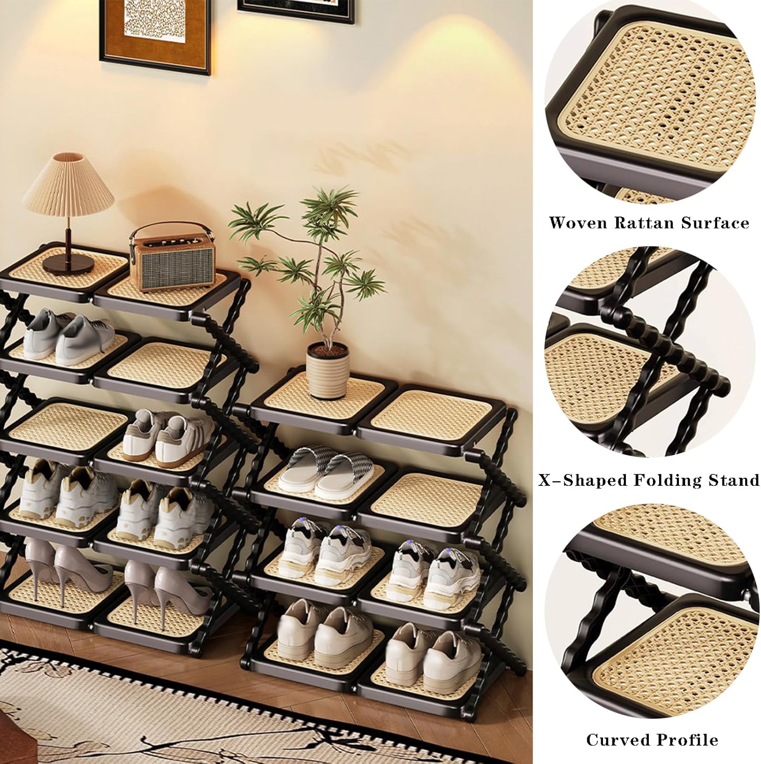 JSWHYBD Foldable Shoe Rack with Woven Rattan, Large-Capacity Shoes Organizer with Adjustable Shelf spacing, Space-Saving, Suitable for entryway, Bedroom, and Living Room A 5-Tier