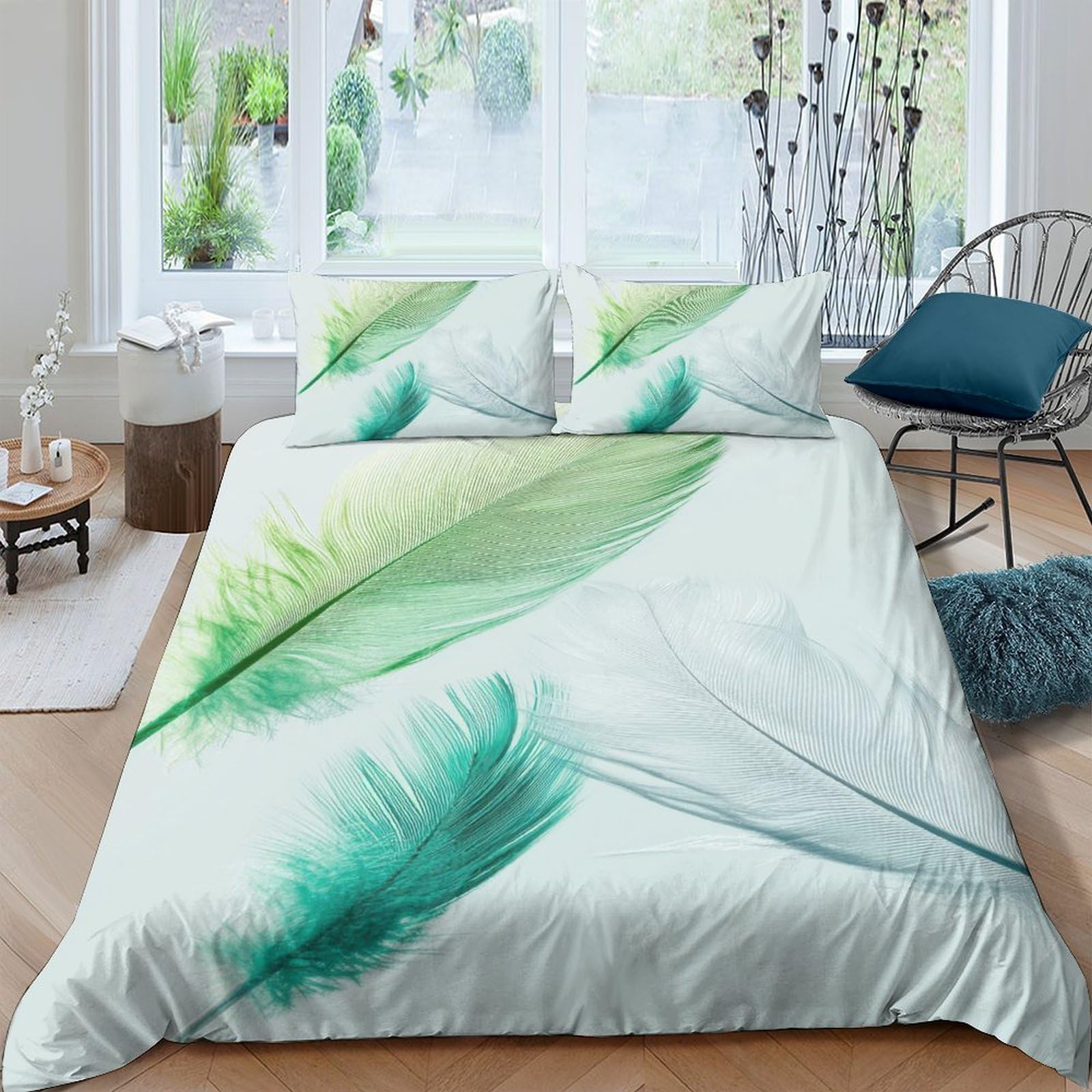 Ctjqhvkz Style-5 3D Printed Green Feather Fitted Sheet Microfiber Soft Breathable Blue Leaf Mattress Cover For Bedroom Guest Room Decor Single（135X200cm）