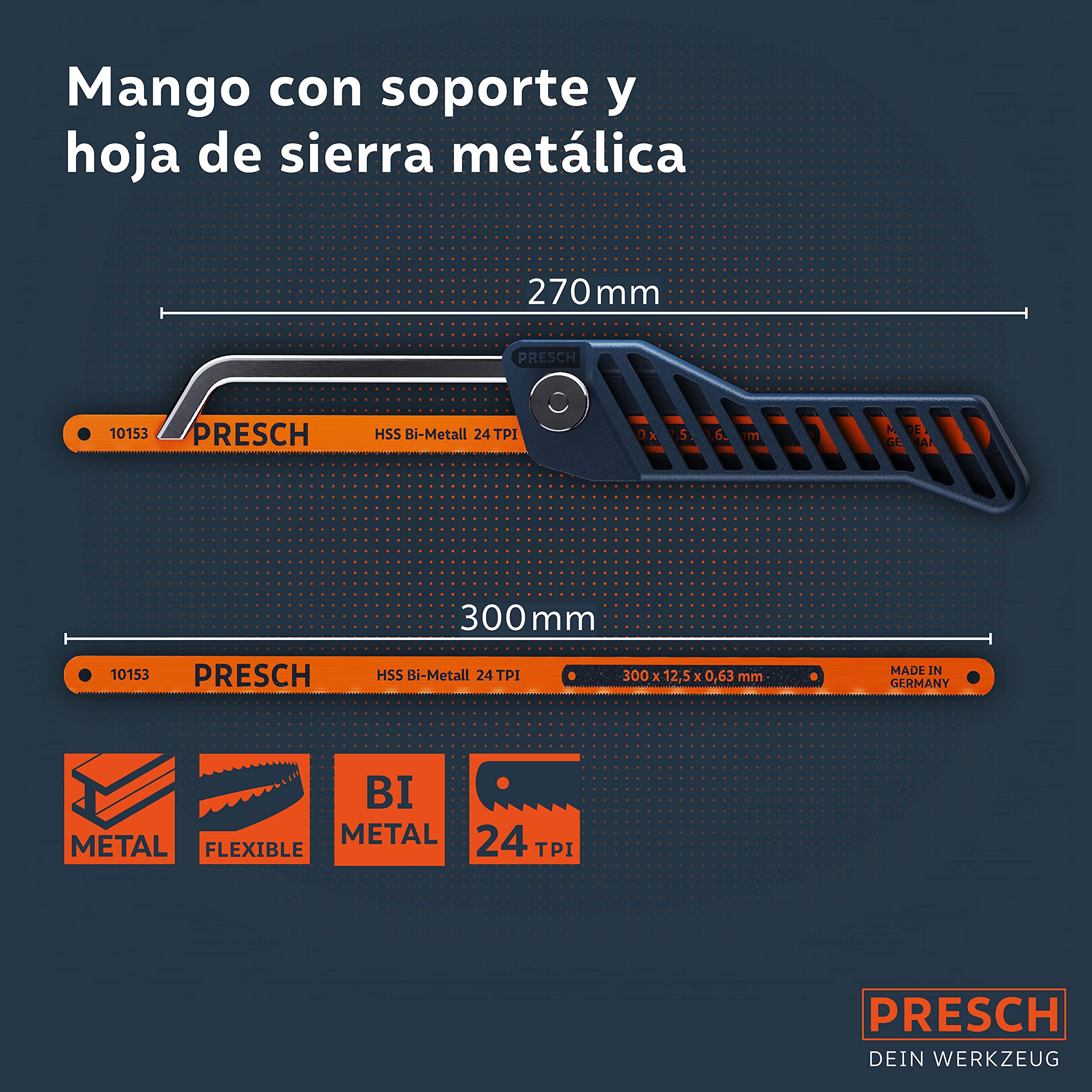 Presch Mini Sierra de Metal Flexible 300mm - de mano 3 en 1 incl. hoja de sierra para metal - Sierra de hierro pequeña ajustable con hoja para metalica